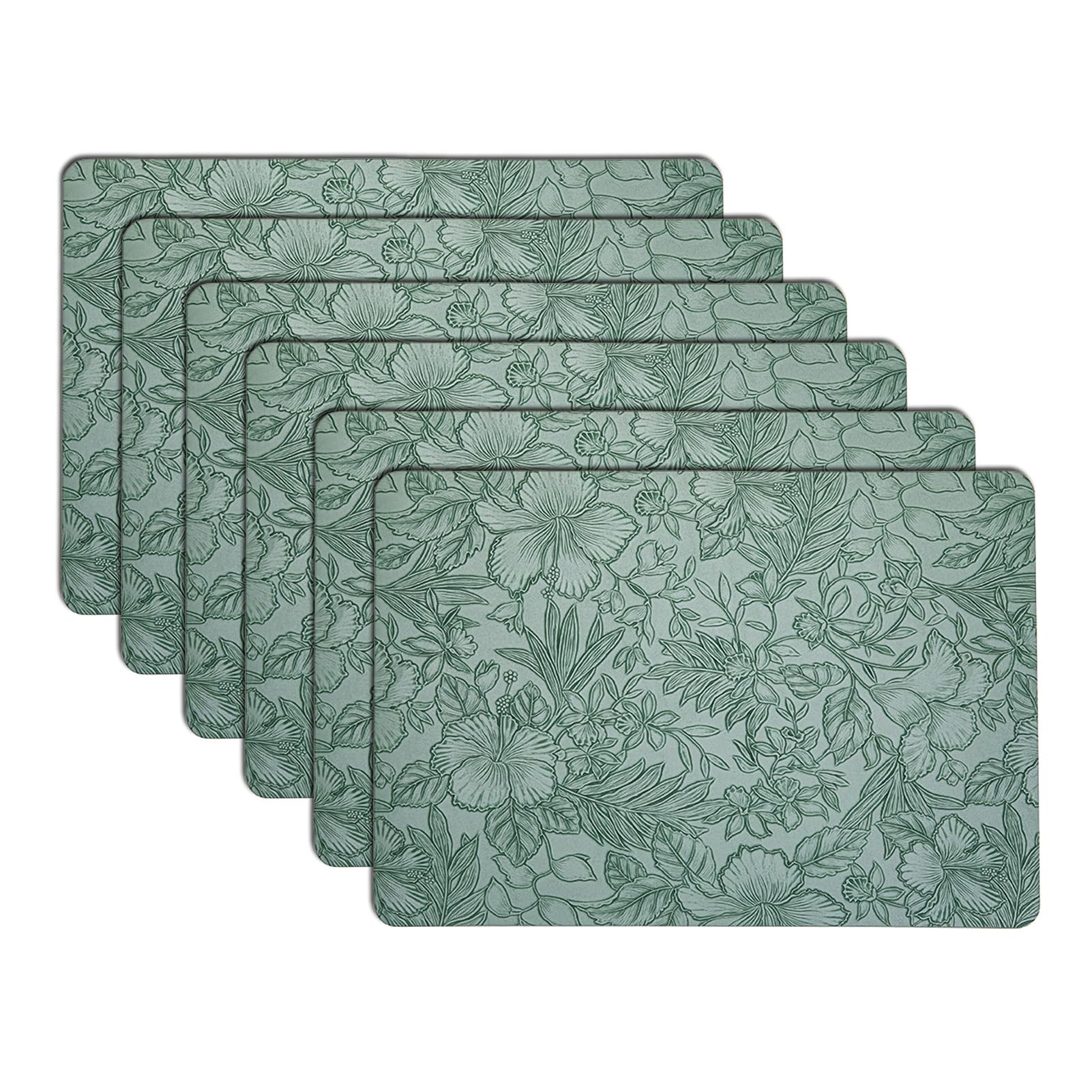 Set di 4/6 tovagliette in pelle, tovagliette impermeabili e lavabili con motivo floreale in rilievo, tavolo moderno for cucina/sala da pranzo/feste/esterno(Green,Set of 6)
