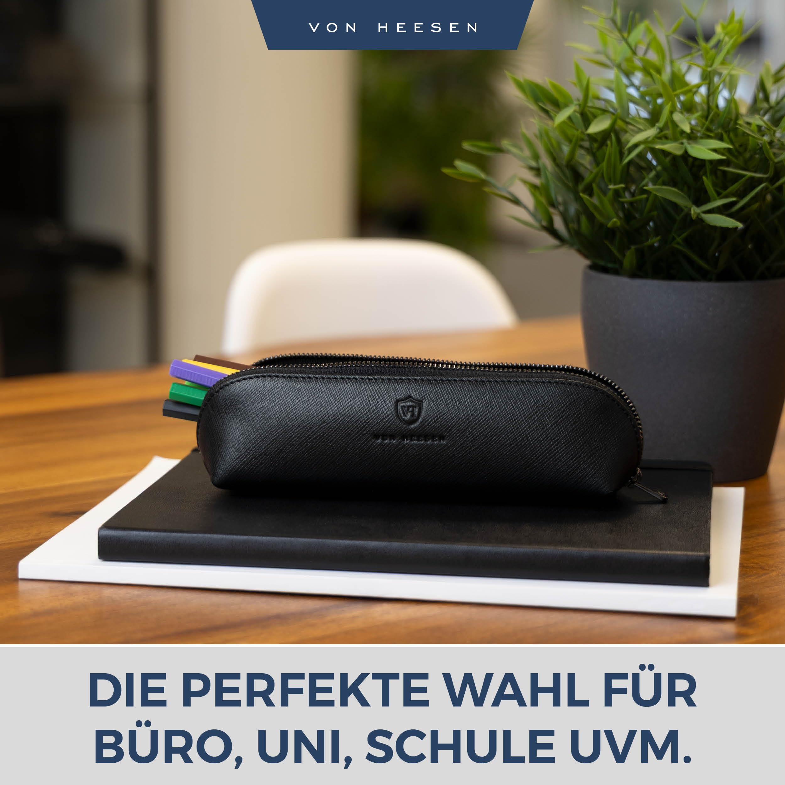 VON HEESEN® Echtleder Federmäppchen Leder Federmappe Etui für Stifte Mäppchen Schule Federtasche Uni Schlampermäppchen (Saffiano)