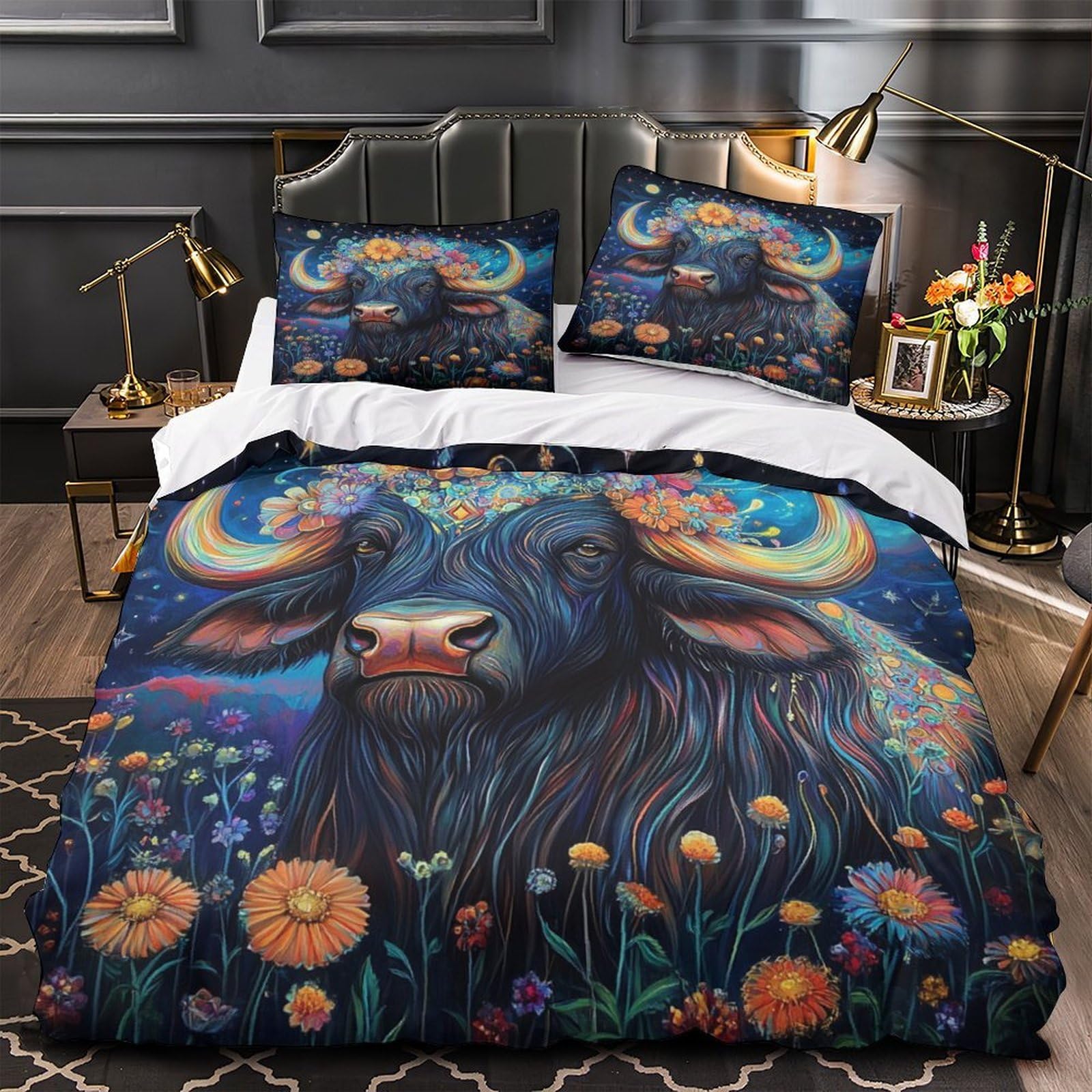 Housse de couette taureau 3D 200x200 microfibre avec 2 taies d'oreiller pour lit double