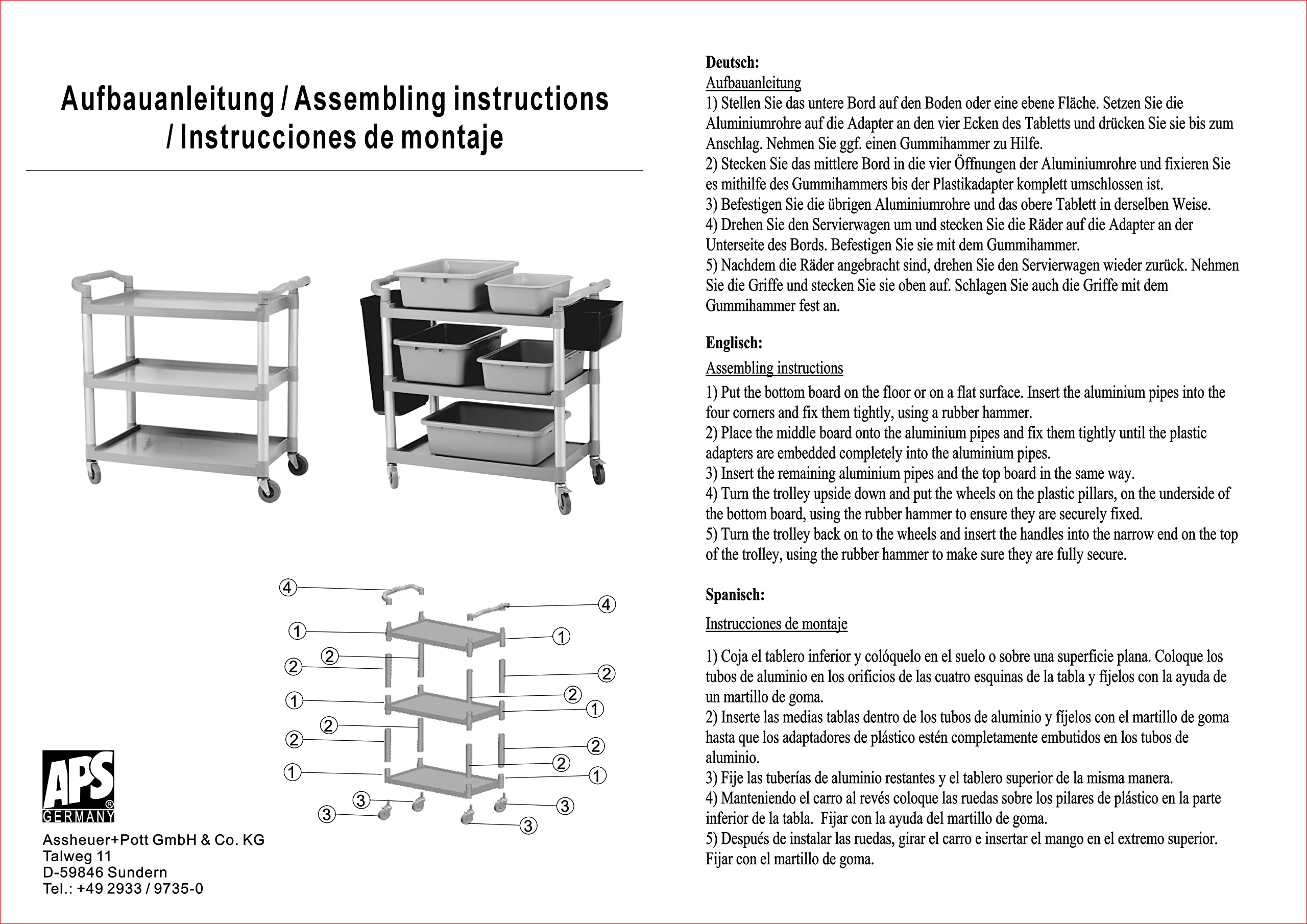APS Wózek do serwowania/transportu aluminiowa rama, 3 półki, odstęp na półkę 31 cm, 4 kółka skrętne z blokadą, nośność 80 kg na półkę, łącznie 240 kg, zdemontowany, łatwy montaż, bez pojemnika