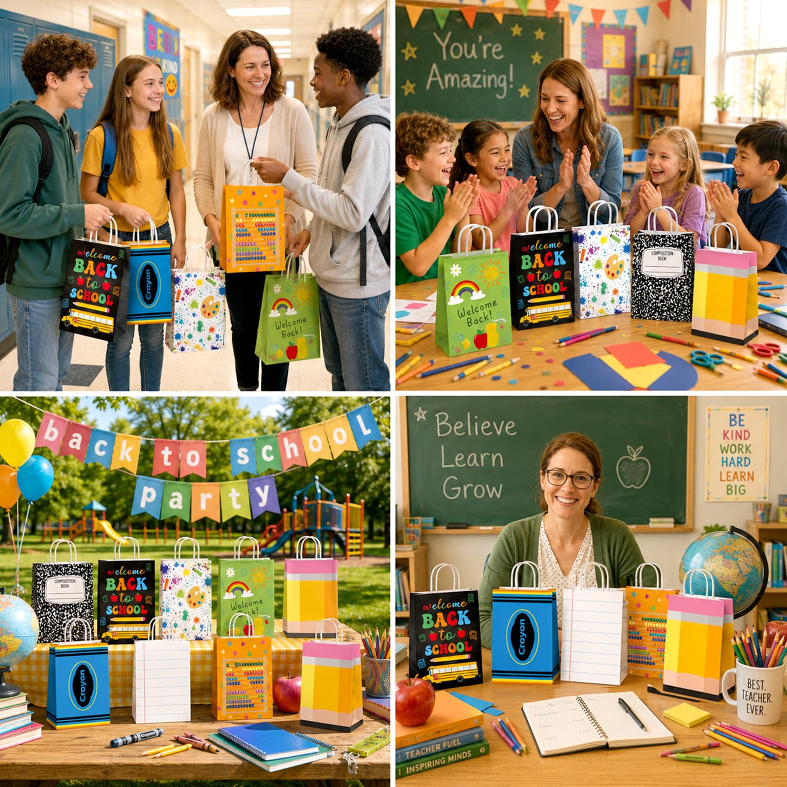 64 sacchetti regalo per il ritorno a scuola Bulk Primo giorno di scuola sacchetti di carta per matite pastello composizione notebook caramelle Goodie Bag apprezzamento insegnante bomboniera per il