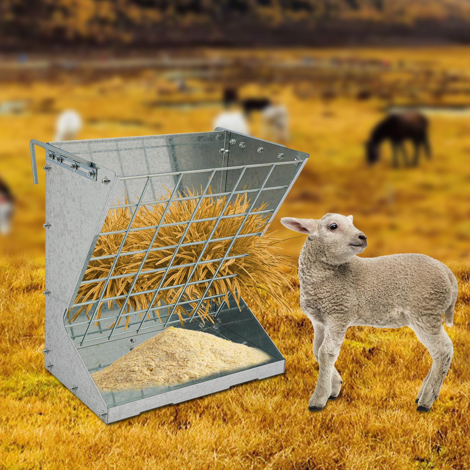 Comedero para heno 56,61 x 33,27 x 59,94 cm 2 en 1 de acero inoxidable para cabras, caballos, ovejas, conejos, vacas
