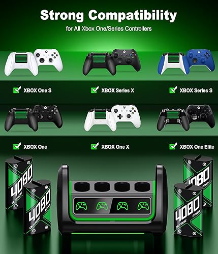 Miniatura 2 de Paquetes de baterías recargables de carga rápida mejoradas con control de luz, 4 baterías de repuesto de 4080 mWh con base de cargador para Xbox