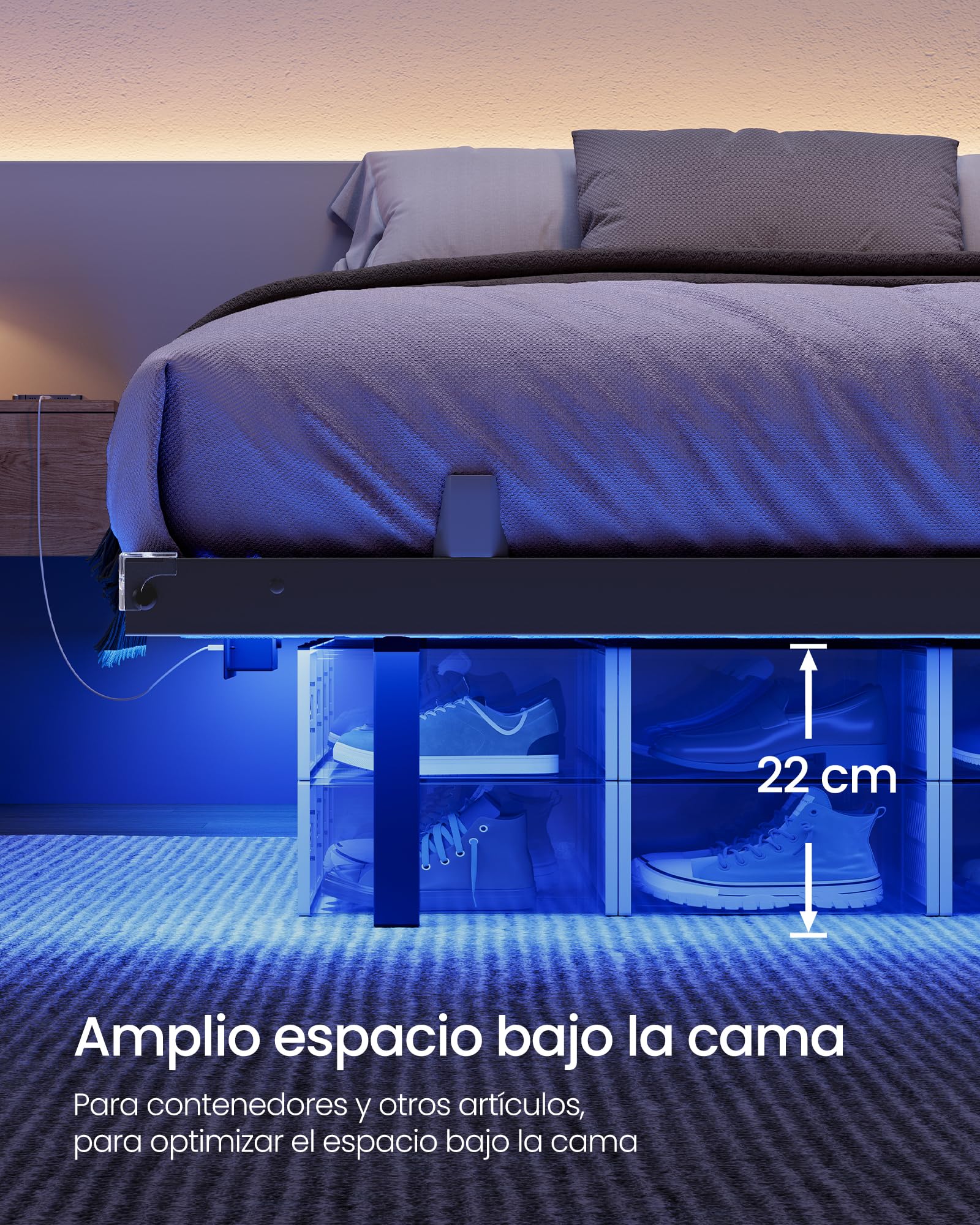 VASAGLE Marco de Cama 90 x 190 cm, Luces LED, Estación de Carga Extraíble, 2 Tomas CA, 1 Puerto USB-C, 1 Puerto USB-A, 1 en Posterior, Soporta hasta 250 kg, Negro Tinta RMB171B101
