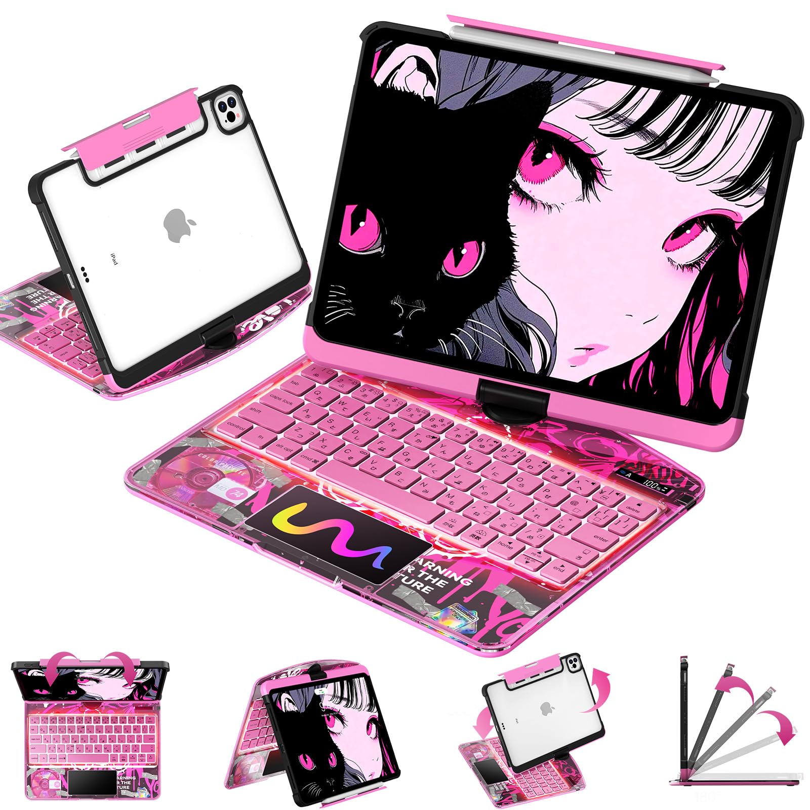 DODOLIVE マジックキーボード iPad 11 インチ A16 & 10.9 インチ 第10世代 キーボード付き ケース通用 超高精度トラックパッド付き 人間工学 360°回転 180°無階段調整 JIS日本語配列 ペン収納 全面保護 省エネ Type-C充電式 日本語取扱説明書付き 透明ピンク