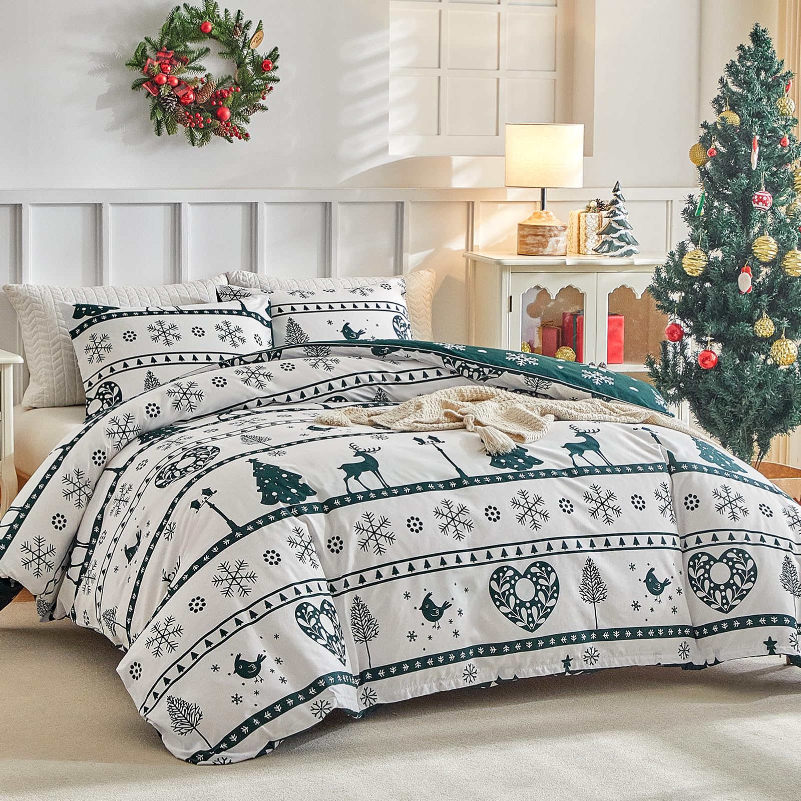 Tokokimo 4PCS Duvet Cover Sets King Size Bedding Sets, Botanical Branches Printed Grey Kingsize Duvet Cover Sets with Pillowcases and Extra Fitted Sheet, Soft Microfiber King Size Bedding Sets — view 90