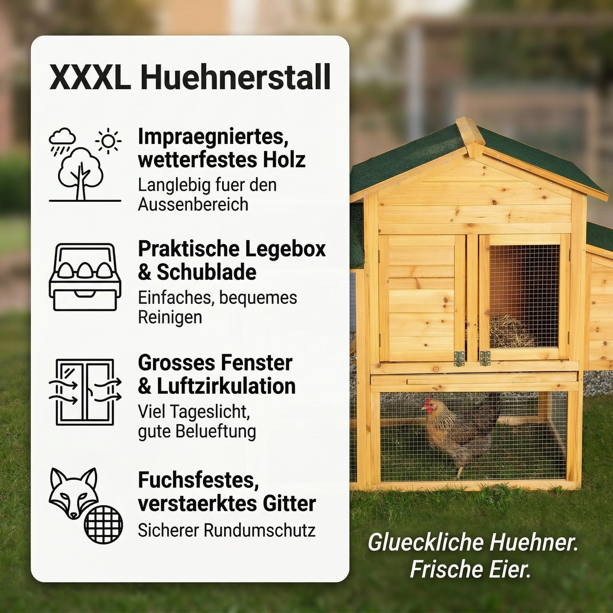 Mucola Hühnerstall mit Auslauf für 4-6 Hühner 168x75x103cm Hühnerhaus | inkl. Nistkasten mit Deckelhalterung | Kleintierstall aus Holz Hühnervoliere
