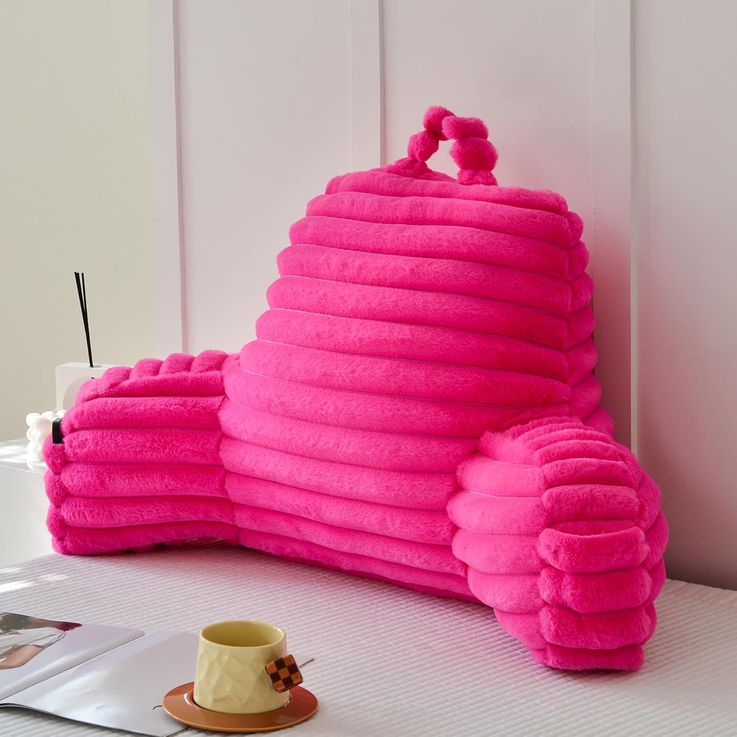Yaoshuho Large Reading Pillow for Adults, Back Support Pillow for Sitting Up in Bed with Arms, Couch for Lounging Bedrest, Hot Pink - Image 4