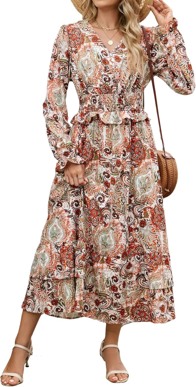 ZAFUL Women's Floral Midi Dress Long Sleeve V Neck Smocked Ruffle Boho Fall Dress
