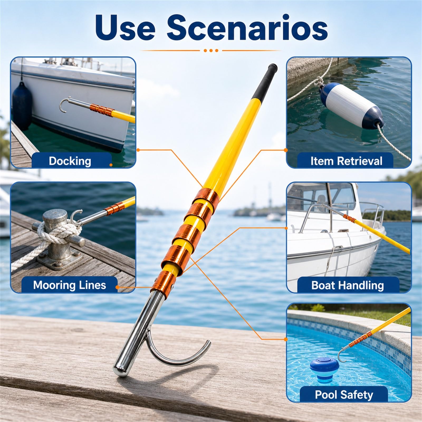 Asta telescopica per Gancio da Barca,Mezzos Marinaio Nautico ad Alta Resistenza,Asta telescopica nauticas con Gancio,Rust Resistant,Lightweight,per ormeggi e Accessori
