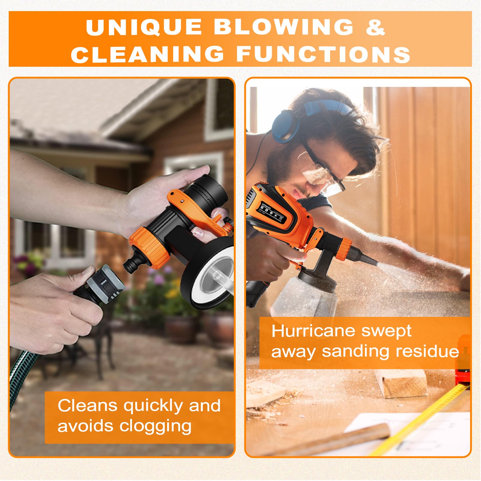 VONFORN Paint Sprayer, 700W HVLP Spray Gun with Cleaning & Blowing Joints, 4 Nozzles and 3 Patterns, Easy to Clean, for Furniture, Cabinets, Fence, Walls, Door, Garden Chairs etc. VF803 Orange