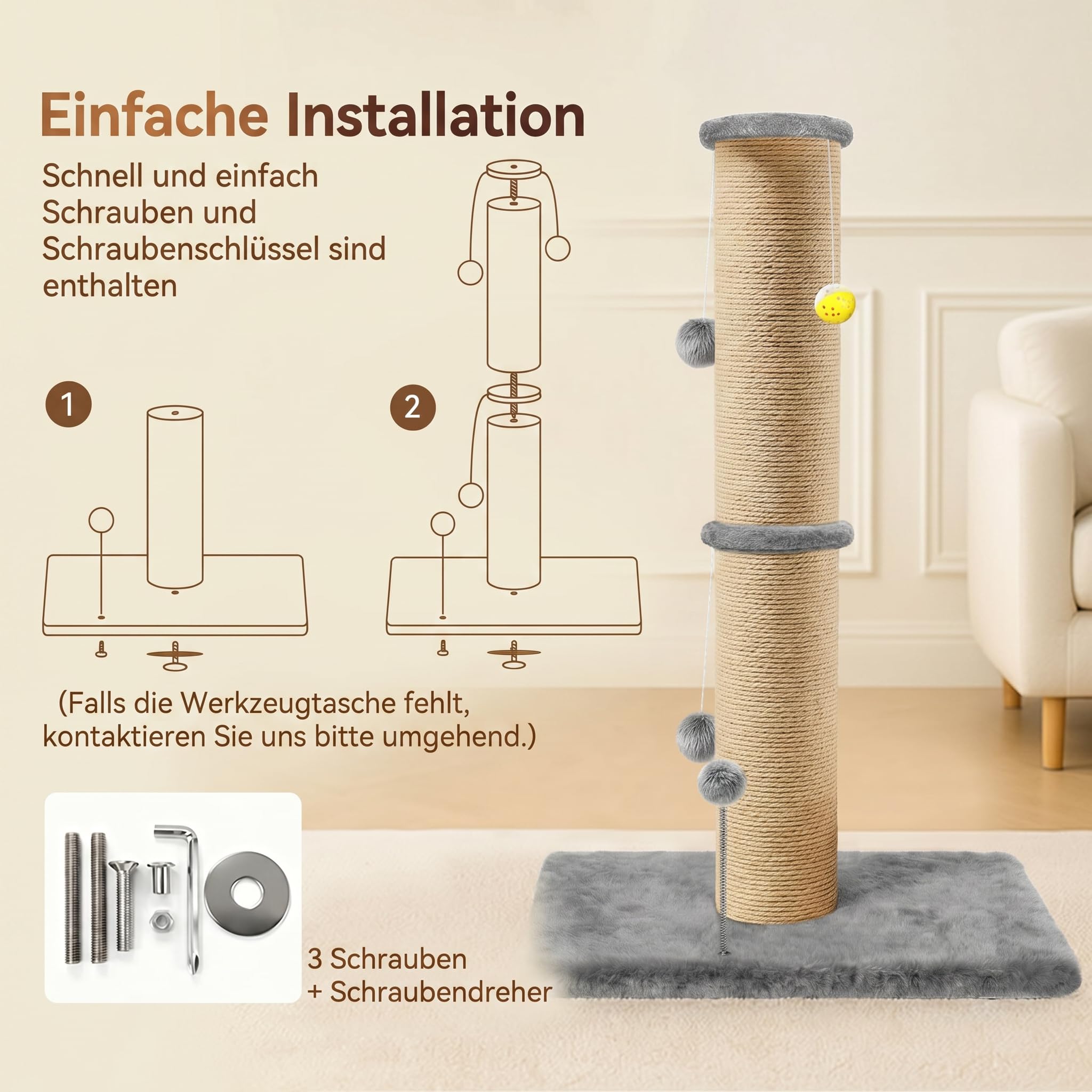 Sisal Kratzbaum 13,5 cm Dick, 91 cm Hoher Kratzturm mit Oberer Plattform und Extra Stabilem Sockel (54 × 41 cm), Strapazierfä Higer Kratzbaum für Wohnungskatzen, Grau