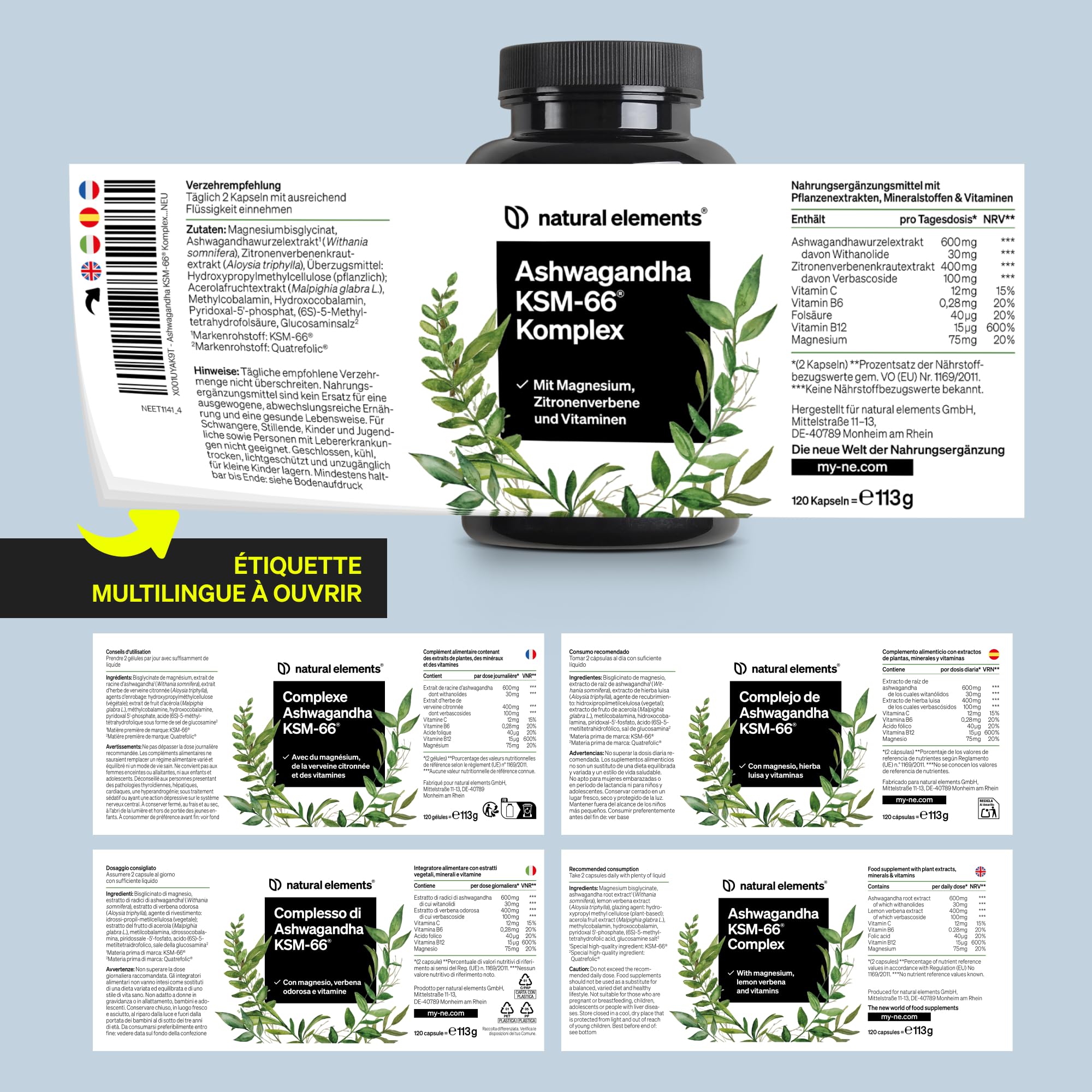 Ashwagandha KSM-66 en Gélules Extra Fort 600mg/jour – avec Magnesium Bisglycinate, Verveine Citronnée, Acide Folique & Vitamines C, B6, B12 – 120 Gélules Vegan – Testé en Laboratoire, Sans Additifs