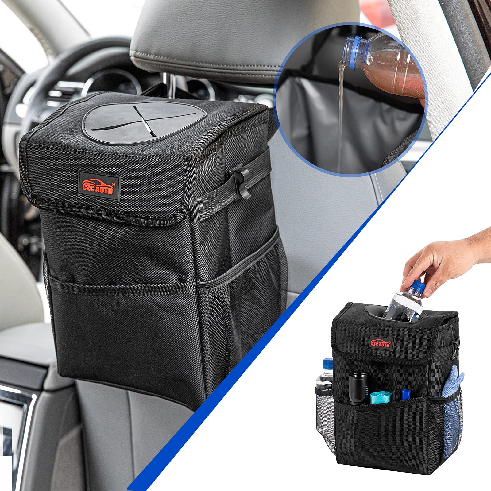 CZC AUTO Car Trash Can/Bin Leakproof Car Garbage Bin with Lid and Storage Pockets, Collapsible/Foldable Auto Trash Bin 2.3 Gallon Hanging Car Waste Bin with Adjustable Strap for Vehicle Organizing