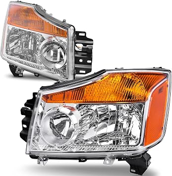 AUTOSAVER88 Headlights Assembly Compatible with 2004-2015 04-15 Titan 2004 Pathfinder Armada 2005-2007 Armada Headlamp Replacement Chrome Housing Amber Reflector Pair Passenger and Driver Side