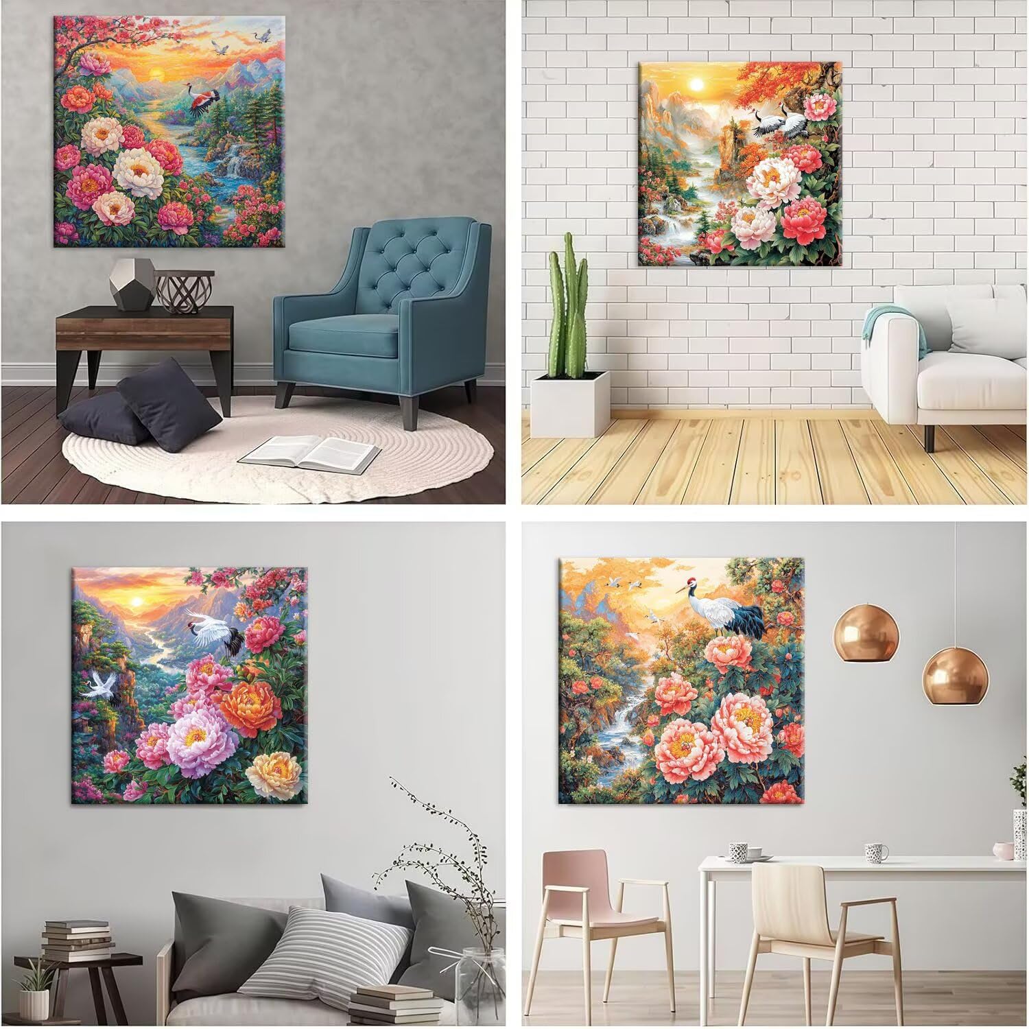 5D Diamond Painting Peonienblumen Kran, Diamant Malerei 50x50cm w-585 | 4 Pack Diamond Painings Erwachsene, 5D DIY Diamant Malerei Mosaikherstellung für Relaxation and as a Wall Deko Geschenk