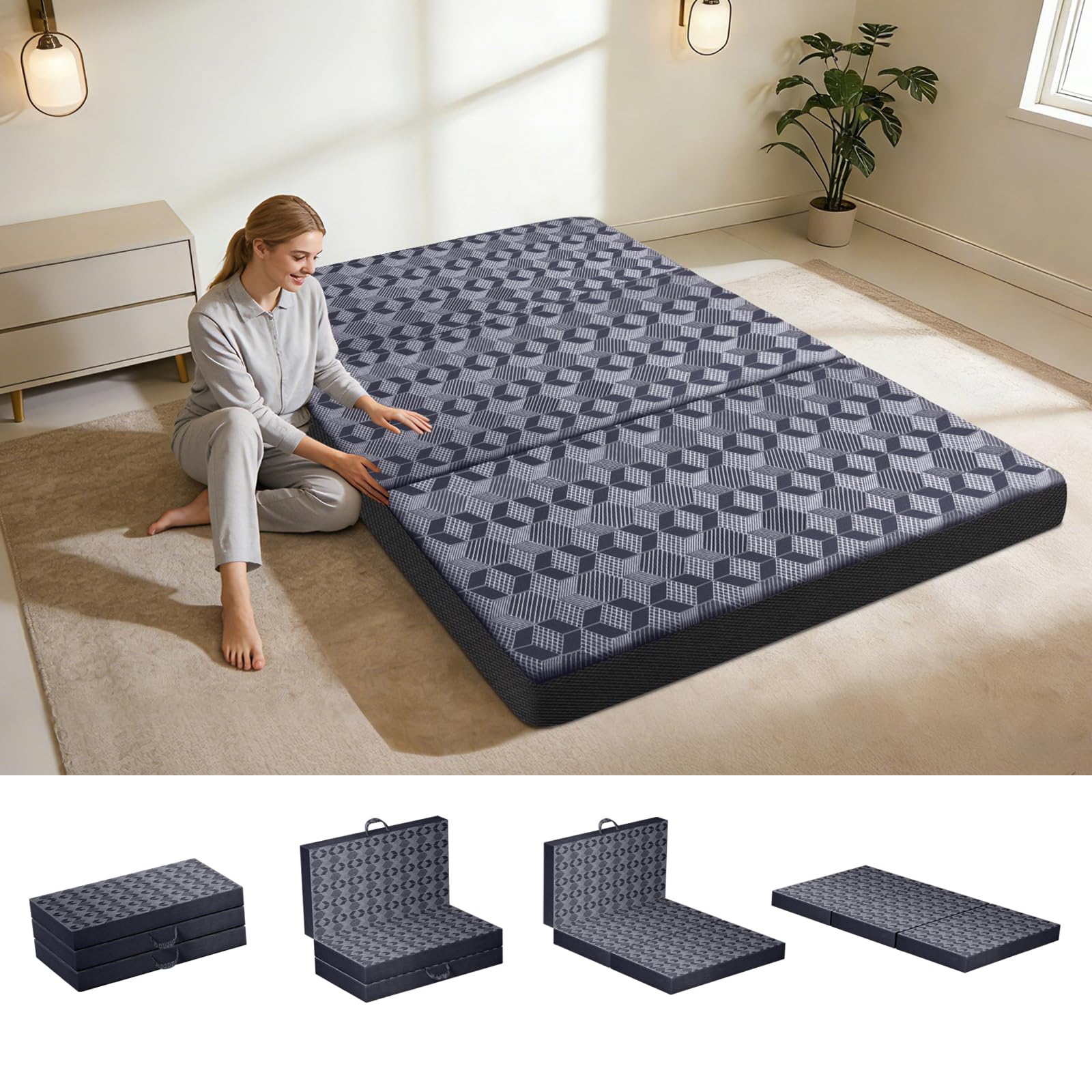 Photo 1 of Ciremiv Tri-Fold Mattress Queen Size, 4 Inch Memory Foam Mattress with Washable Cover, Handles and Non-Slip Bottom- Portable Folding Mattress for Guest Bed,Travel & Floor Sleeper,Dark Grey