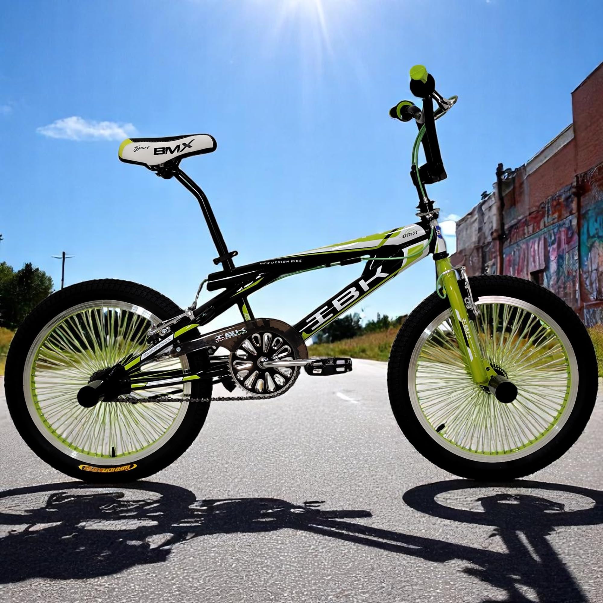 IBK Bici BMX da 20'' pollici, bicicletta Freestyle leggera, Sistema Sterzo Rotore a 360°, poggiapiedi, paracatena, ruota libera, monovelocità, verde, rossa, blu