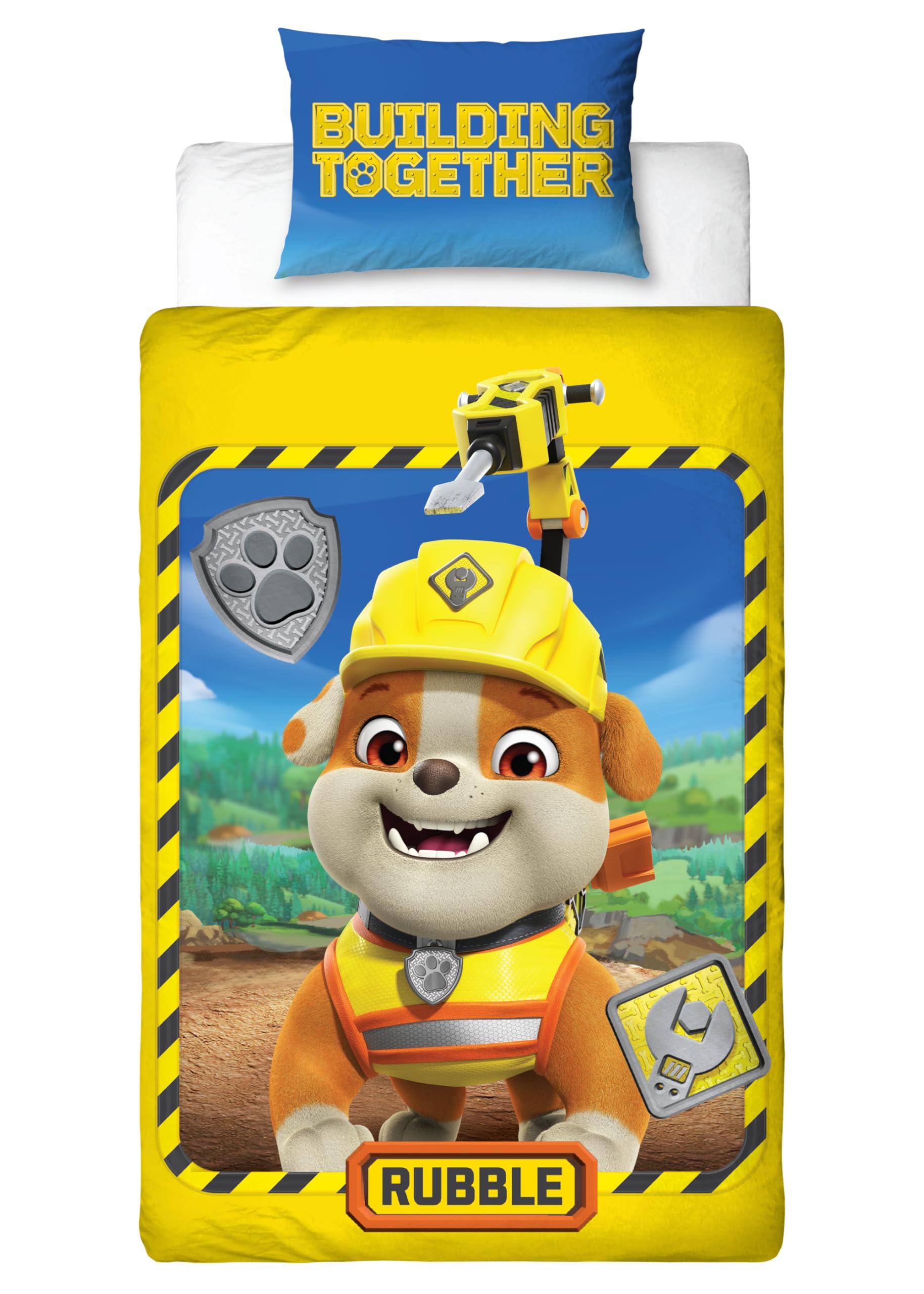 PAW PATROL offiziell lizenziert Rubble und Crew Design einzelne Bettbezug Set | Reversible 2-seitige Hund Bettwäsche einschließlich passender Kissenbezug | Perfekt für Kinder-Schlafzimmer