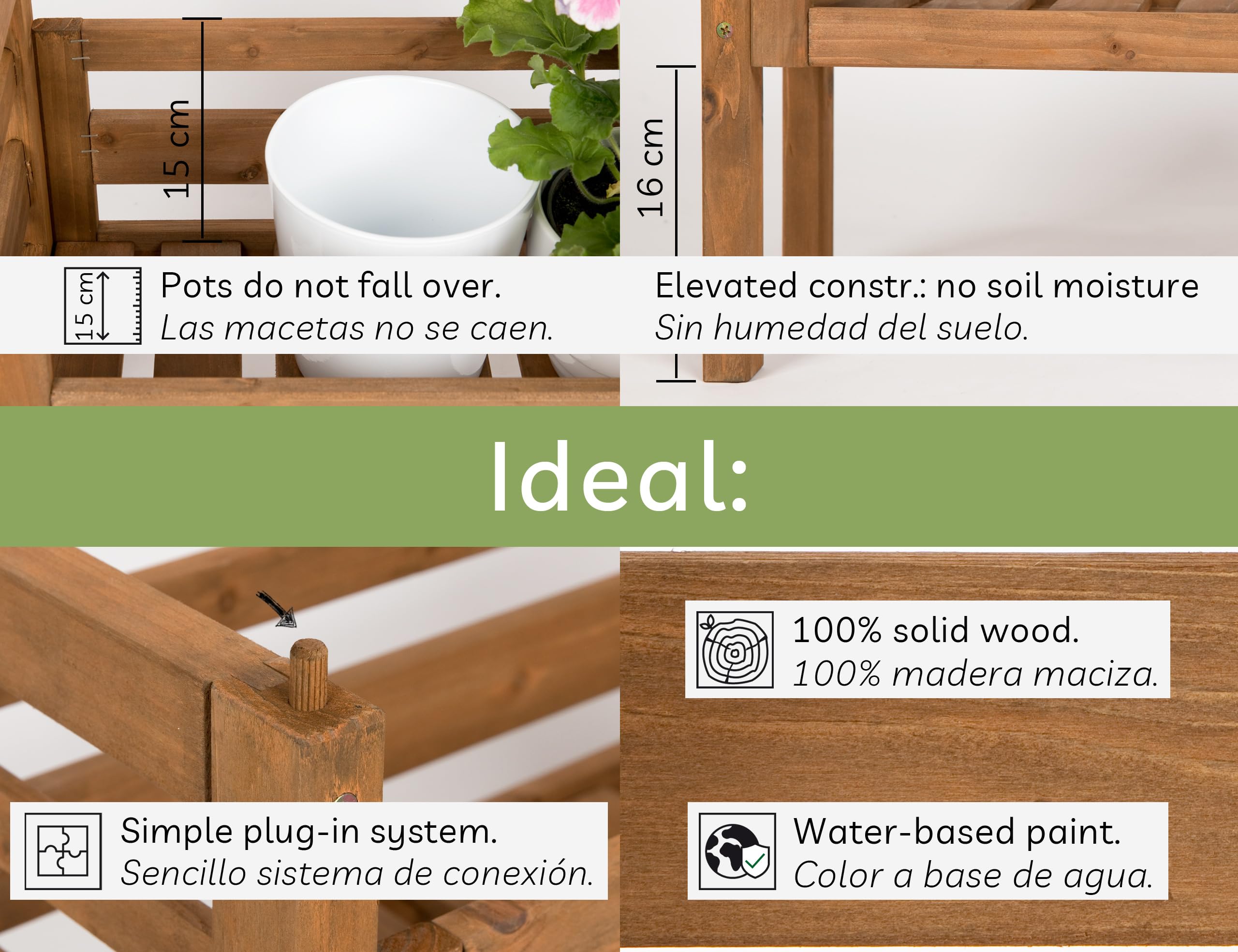 needs&wants® 3-w-1 wielofunkcyjny: stojak na rośliny, stojak na kwiaty z drewna odporny na warunki atmosferyczne do użytku wewnątrz i na zewnątrz, na balkon, do ogrodu, ściana, regał na rośliny
