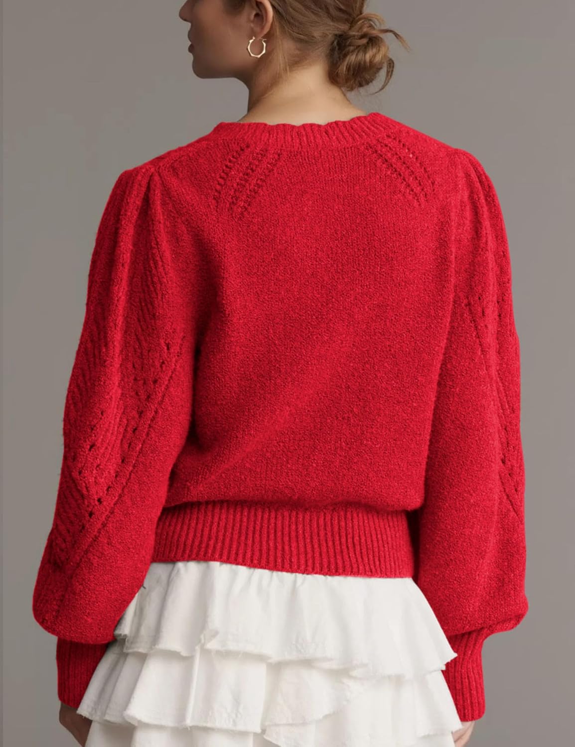 Women Pointelle Knit Lightweight Cardigan Puff Sleeve Scalloped Trim Button Down Open Front Cropped Sweater Jacket
