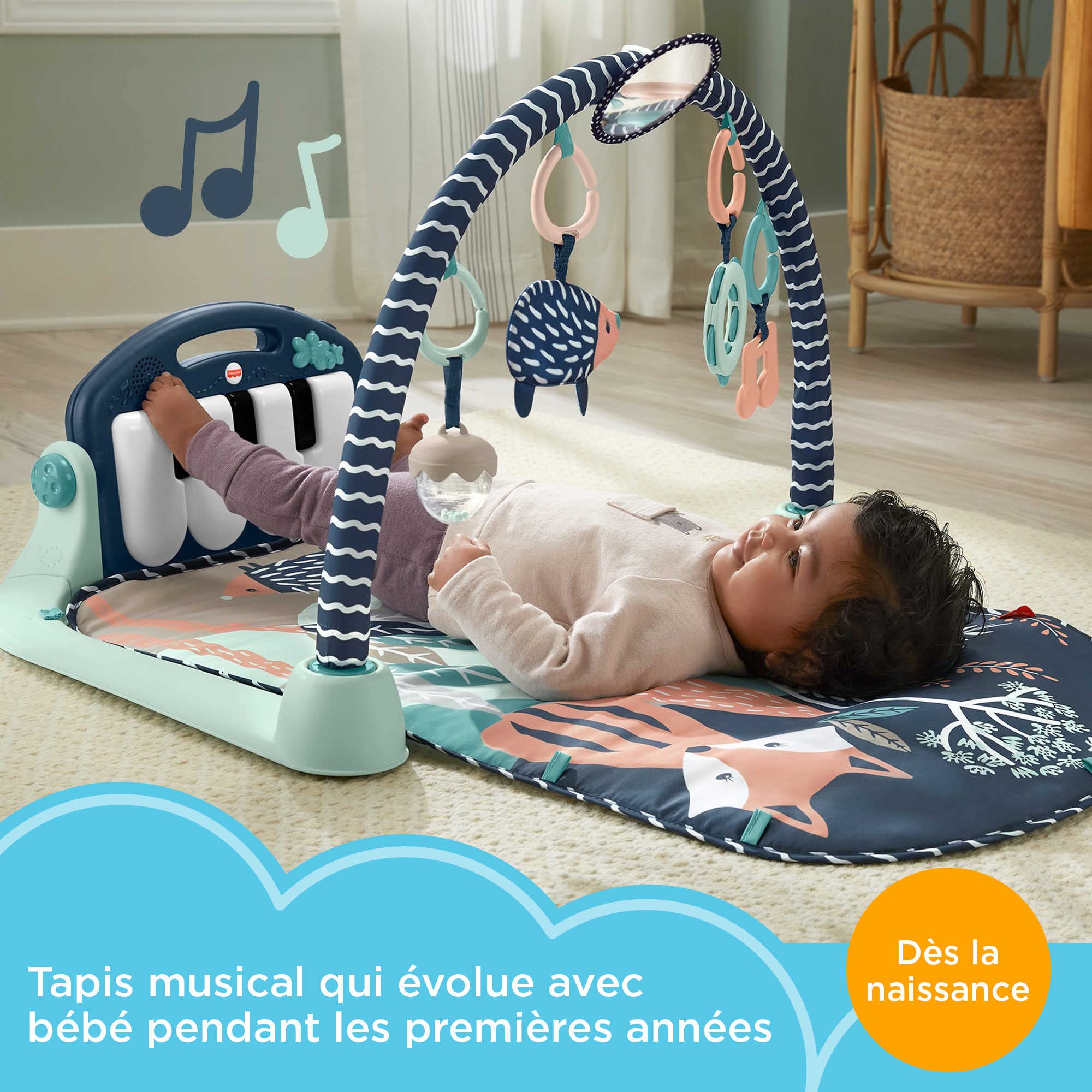 Fisher-Price Tapis d’éveil Piano, Jouet Musical Suspendu, Jeu à Plat Ventre, Animaux de la forêt, Dès la Naissance, HKX37