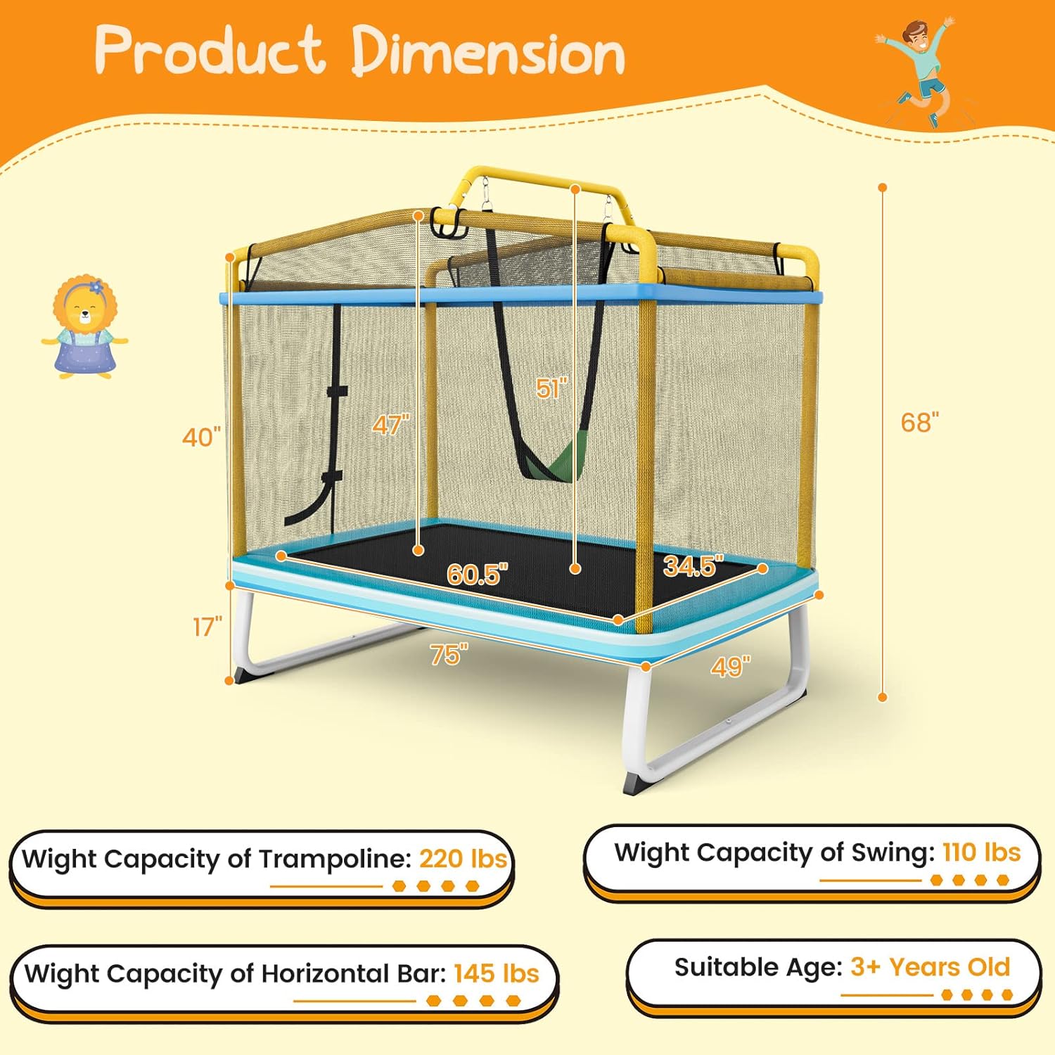 Goplus 6FT Rectangle Trampoline for Kids, 75” ASTM Approved Mini Toddler Trampoline with Swing, Horizontal Bar, Outdoor Indoor Recreational Rebounder w/Enclosure Net, Cover, Gift for Boys Girls
