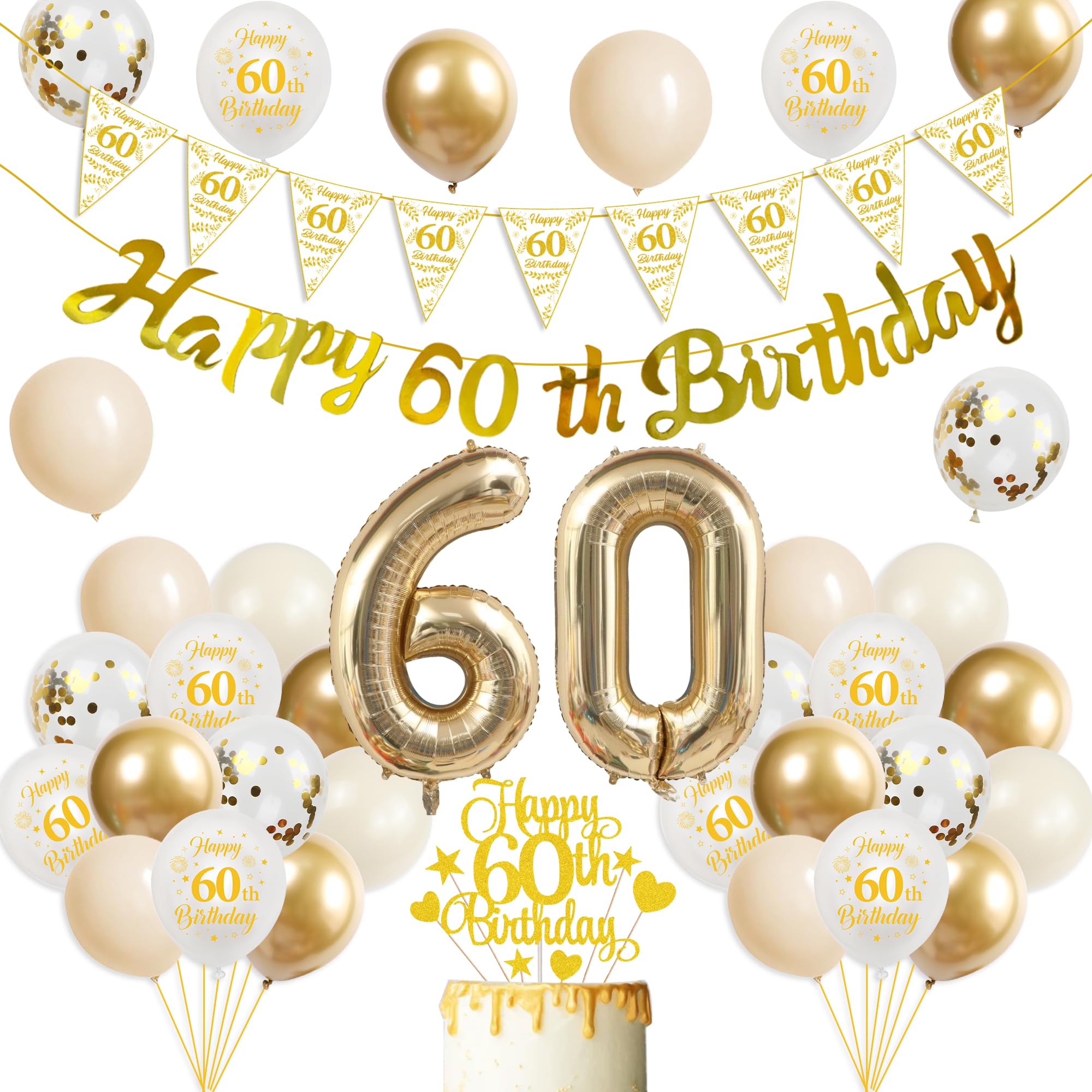 60th Birthday Decorations Women Kit - 43 Pcs Gold White Happy 60th Birthday Banner Triangular Flag Number 60 Balloons Set Cake Topper for Women Happy 60 Year Old Party Decoration Celebration Supplies