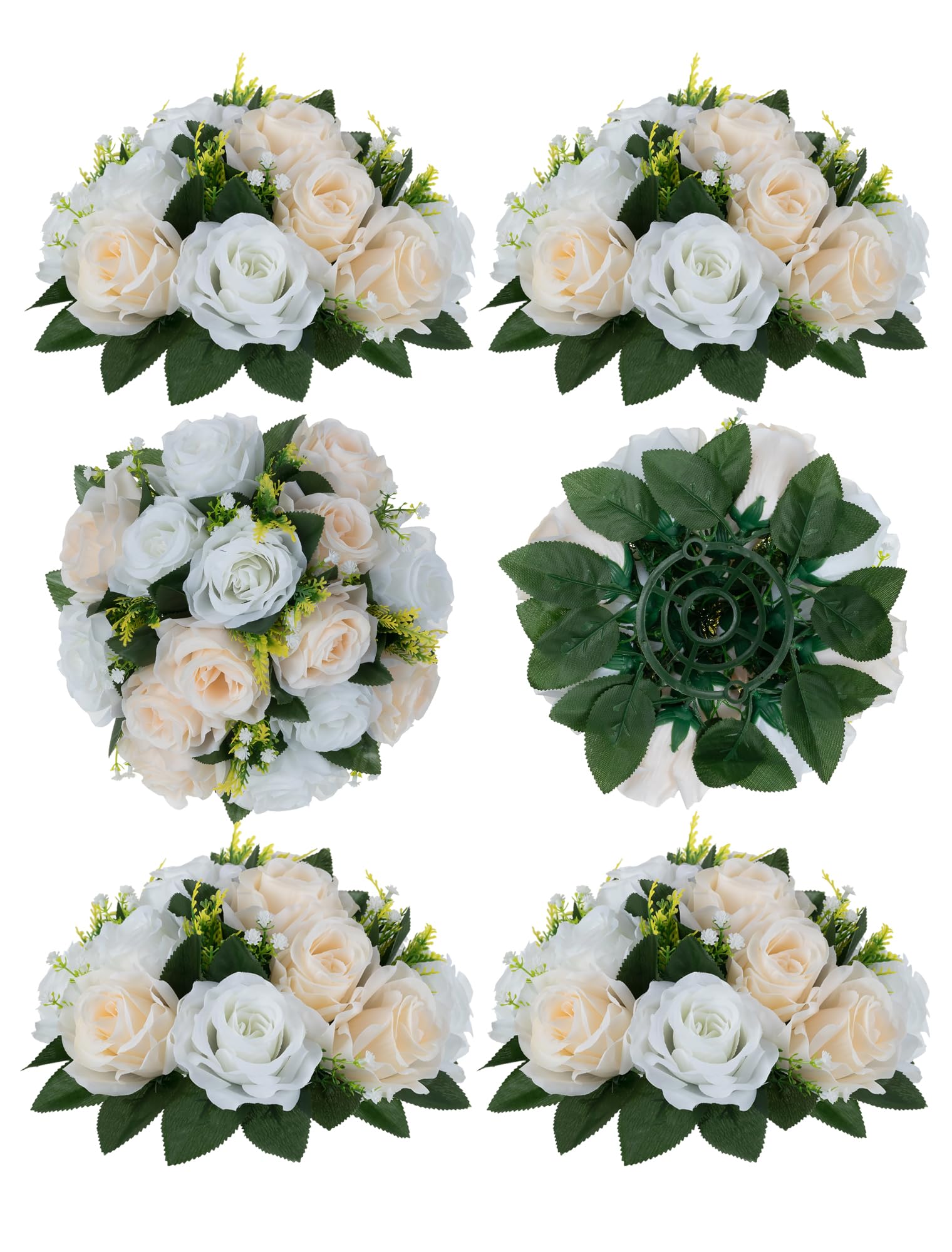 BLOSMON Flower Centerpieces for Tables Wedding 6 Pcs Champagne & White Fake Flowers with Base Rose Balls Arrangement Bouquet Floral Centerpiece Artificial Wedding Center Pieces of Home Party Decor