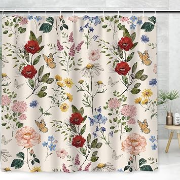 AnyDesign Wildflower Shower Curtain 72 x 72 Inch Retro Flowers Butterfly Fabric Shower Curtain with 12 Hooks Waterproof Floral Bathroom Curtains for Home Hotel Bathroom Decoration