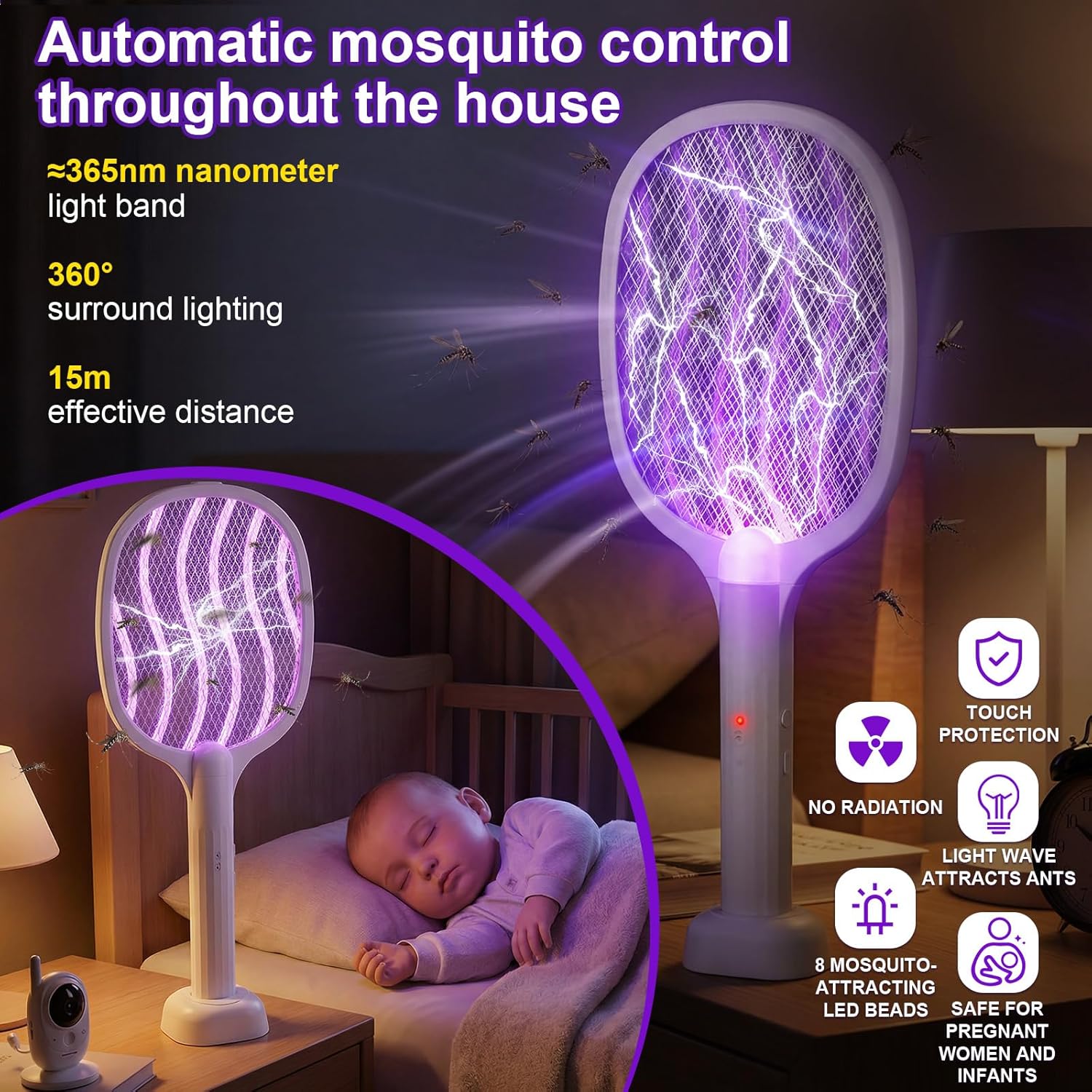Qualirey 4 Pcs Electric Fly Swatter Bug Zapper Racket 2 in 1 USB Rechargeable Mosquito Racket 3000v High Powered Mosquito Killer for Indoor Outdoor Home Bedroom Kitchen Patio Office Insect(Waves)