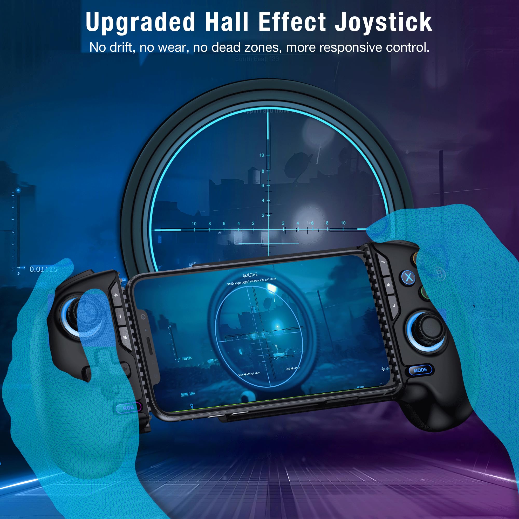 Controller wireless per iPhone/Android con joystick Hall, controller di gioco mobile con supporto per custodia, compatibile con console Steam Link, Roblox, PlayStation