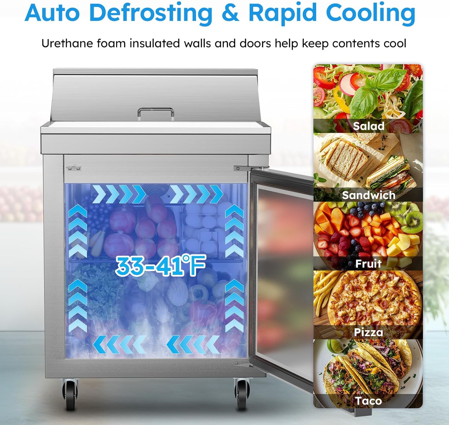 ETL & NSF Certified 27" W 1 Door 11.6 Cu.Ft Commercial Sandwich Salad Pizza Prep Table Refrigerator,Stainless Steel Food Prep Station Fridge,Condiment Cooler with Cutting Board, 1 Shelves 8 Pans