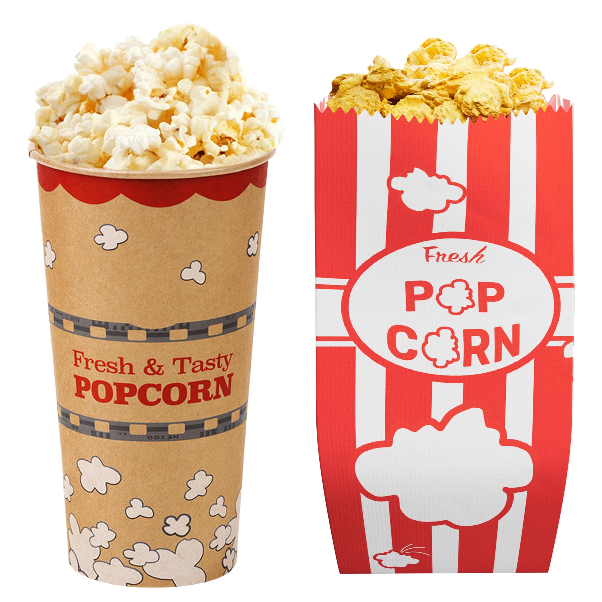 [50-pcs] 24 oz Kraft Popcorn Buckets + [100-pcs] 1 oz Red Popcorn Bags (Carnival Theme, Customizable) Bundle