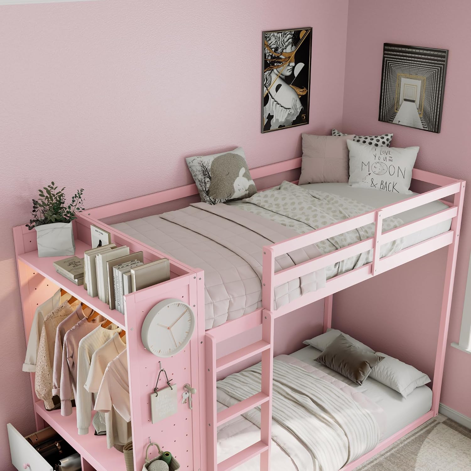 Twin Over Twin Wooden Bunk Bed with 4 Storage Drawers, Open Wardrobe, LED Light Strip, Built-in Shelves, Dual Pegboards, Ladder and High Guardrails for Kids & Teens（Pink）