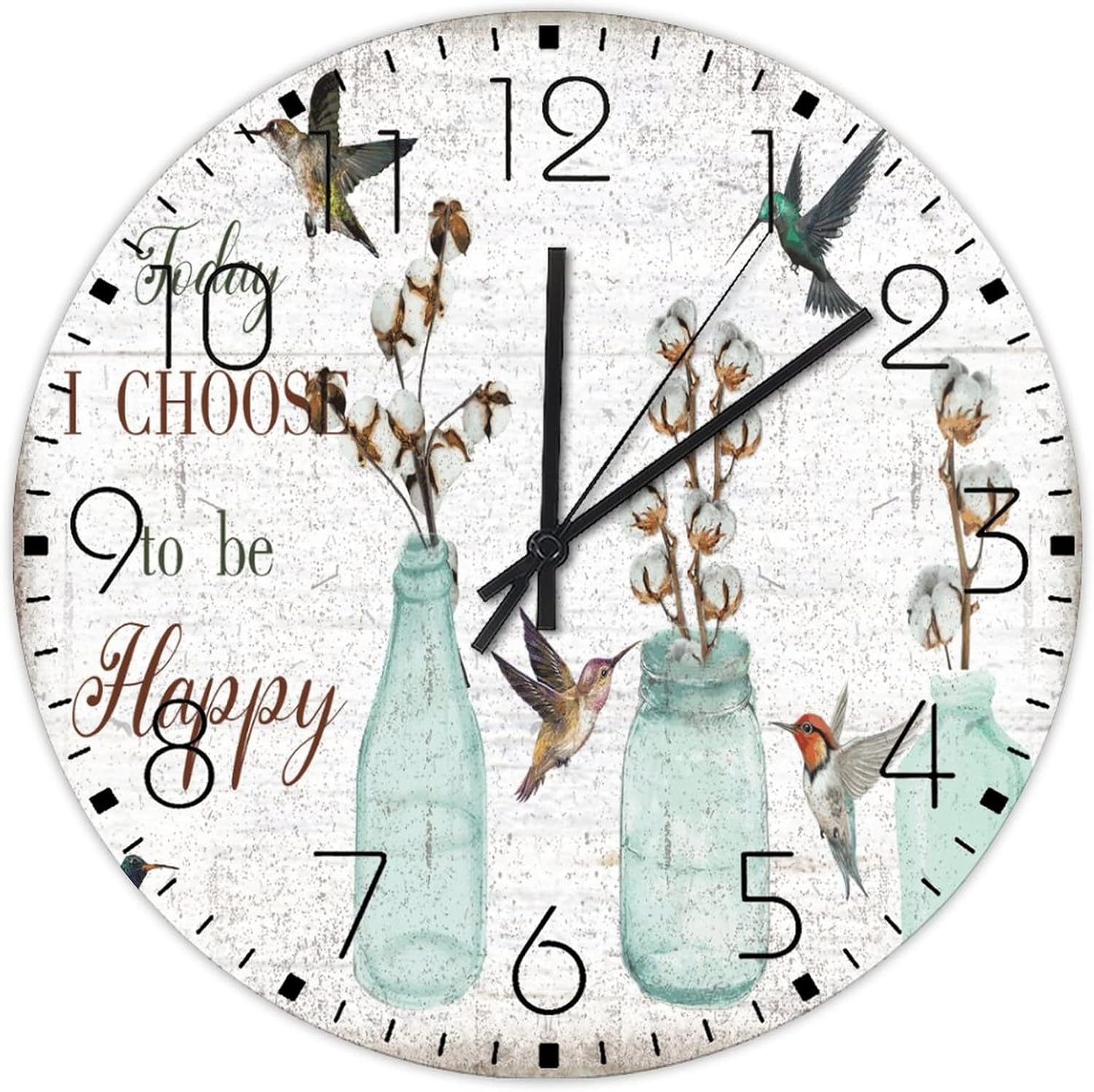 Wood Hanging Wall Clock Round Silent Non-Ticking Today I Choose Be Happy Vintage Wall Clocks Flower and Hummingbird Garden Wooden Wall Decor for Restroom Bathroom Art Room 15 Inch