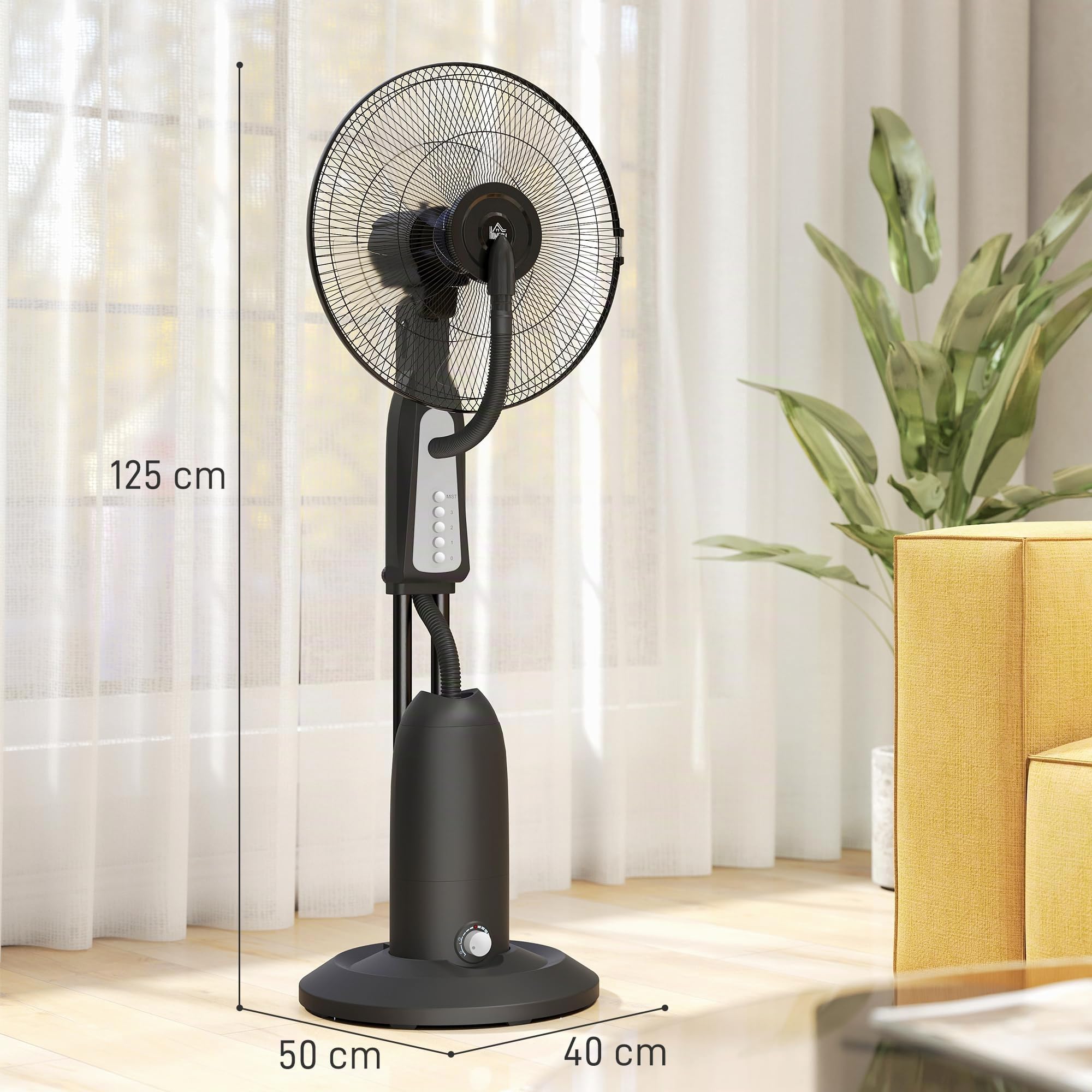 HOMCOM Ventilatore Nebulizzatore con Serbatoio da 3L 50 cm 125 cm Nero | 3 Velocità, Oscillazione 75°, Ventilatore a Piantana, Nebulizzazione Regolabile, Ruote, 90W