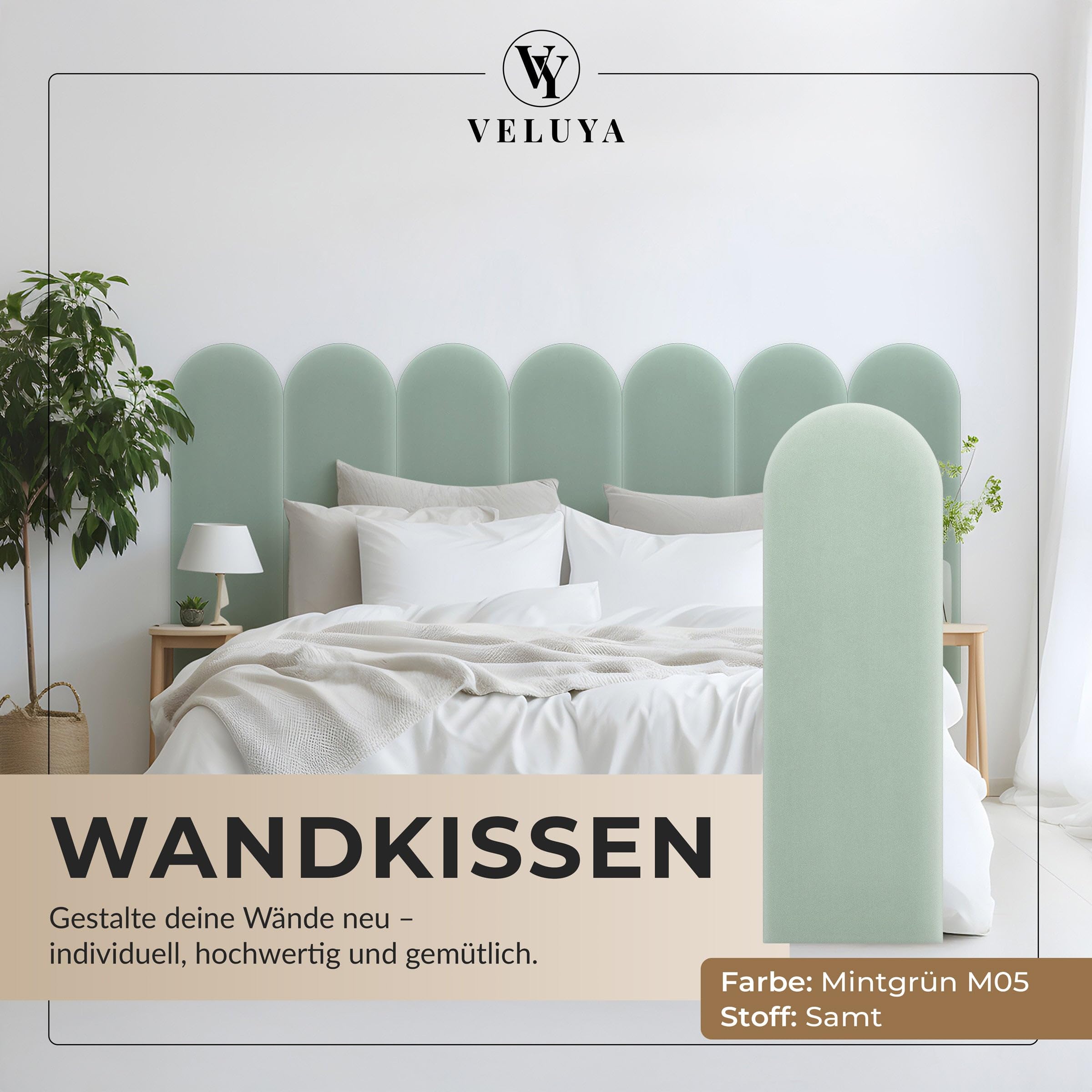 Wandpolster Polsterplatte Rundbogen – Samt, Wandkissen 20 x 80 cm, Polsterpaneel, Oeko-TEX, Made in EU, Mintgrün M05
