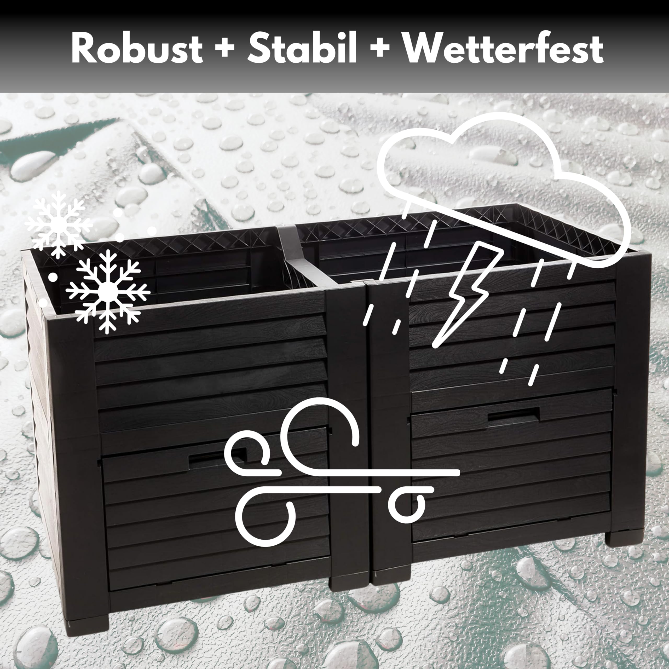 Hochbeet Garten XL, Hochbeet Kunststoff in Holzoptik, mit Zwei Staufächern, 150x76x78 cm, ca. 400 Liter, Farbe: anthrazit