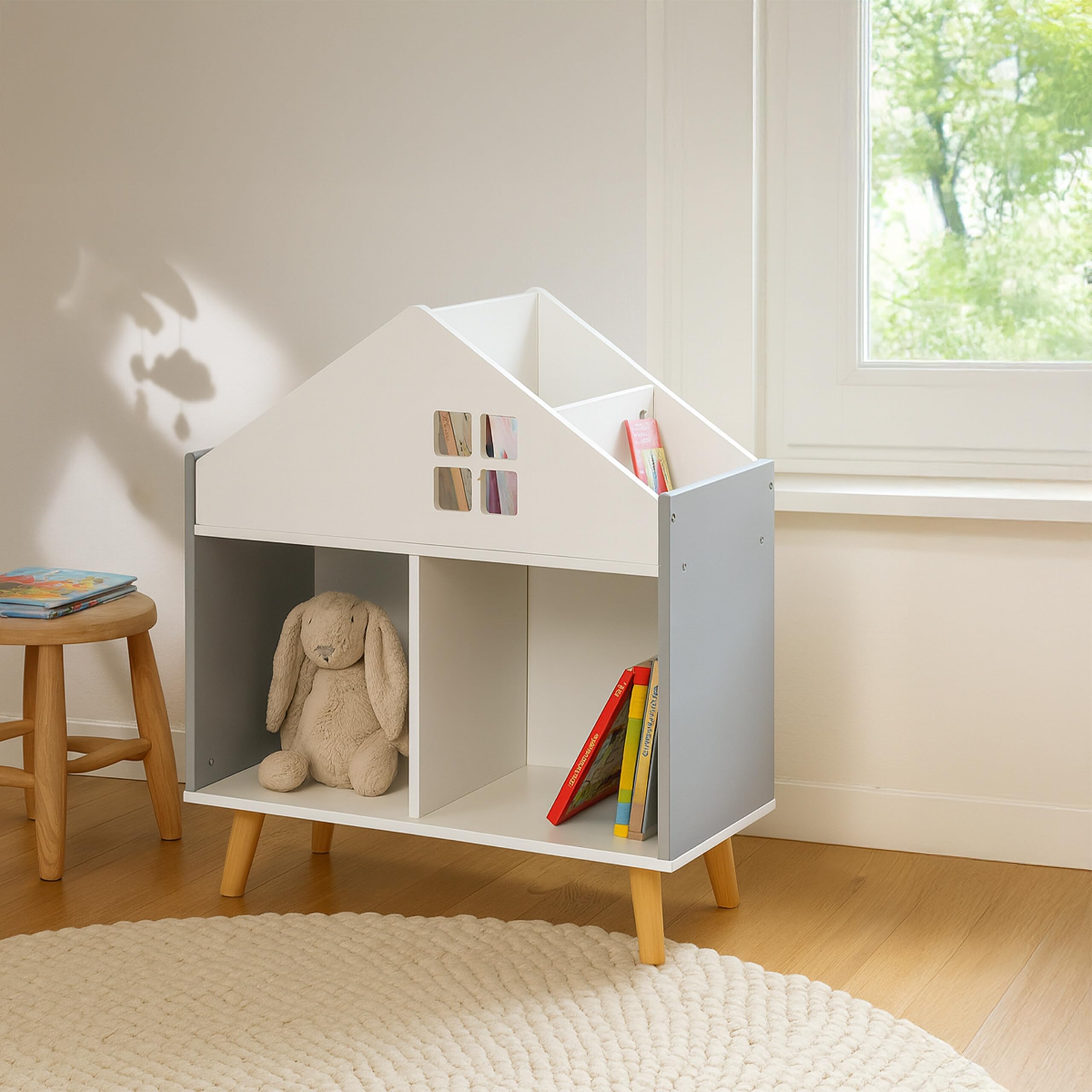 Relaxdays Regał dziecięcy w kształcie domu, 6 przegródek, wys. x szer. x gł.: 65,7 x 60 x 30 cm, regał na zabawki, schowek do pokoju dziecięcego, biały/szary