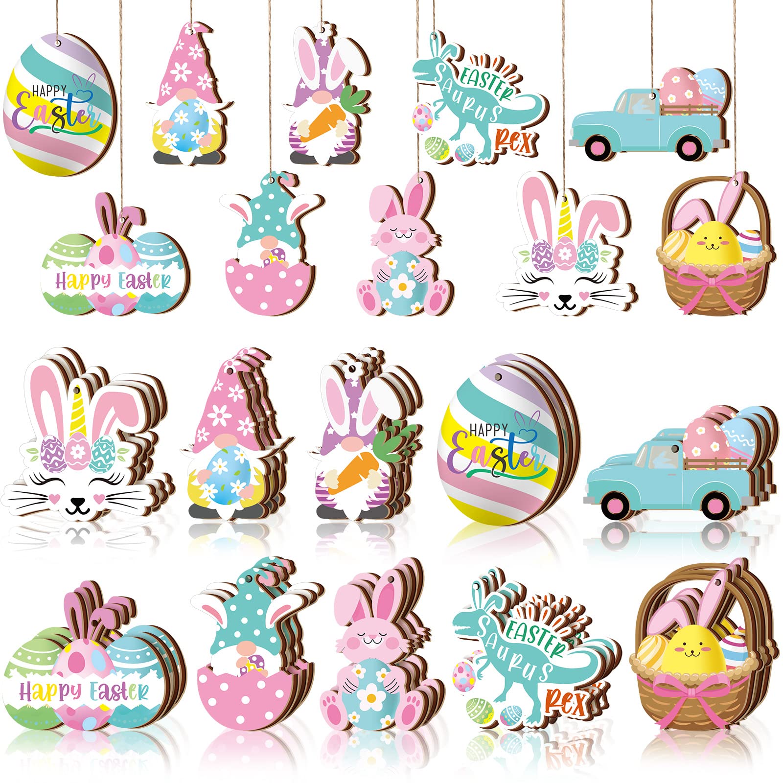 Chunful 30 Pcs Easter Ornaments for Tree Happy Easter Wooden Hanging Ornaments Pastel Spring Egg Carrot Bunny Basket Tree Decorations Holiday Gnome Wood Slices Pendant with Rope for Home Spring Party