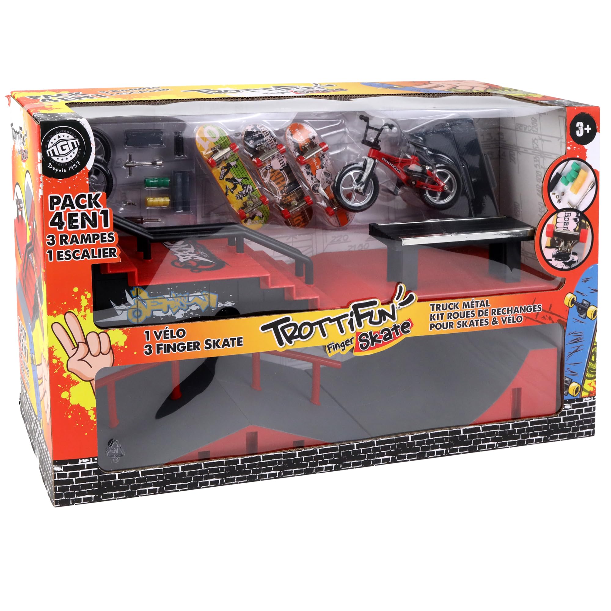 Set 3 Finger Skates, 4 Rampes et 1 Vélo - 031439 - Métal et Plastique - Skateboard - Doigt - Jouet Enfant - Anniversaire - Cadeau - Planche à Roulette - À Partir de 3 Ans