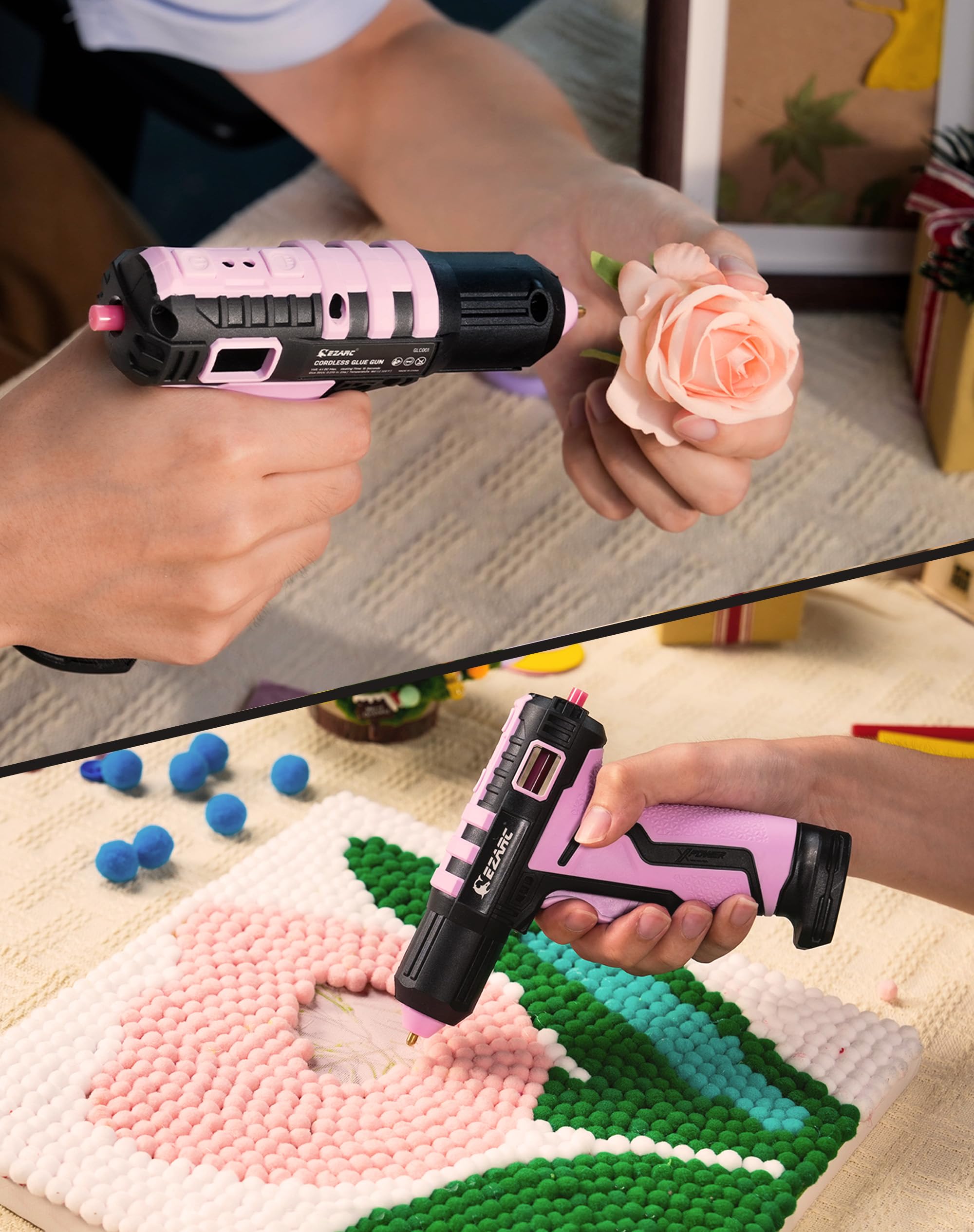 EZARC - Pistolet à colle chaude sans fil, chauffage rapide en 15 secondes, 30 mini bâtons de colle, mise en marche et arrêt sécuritaires, batterie lithium-ion intégrée de 2500 mAh