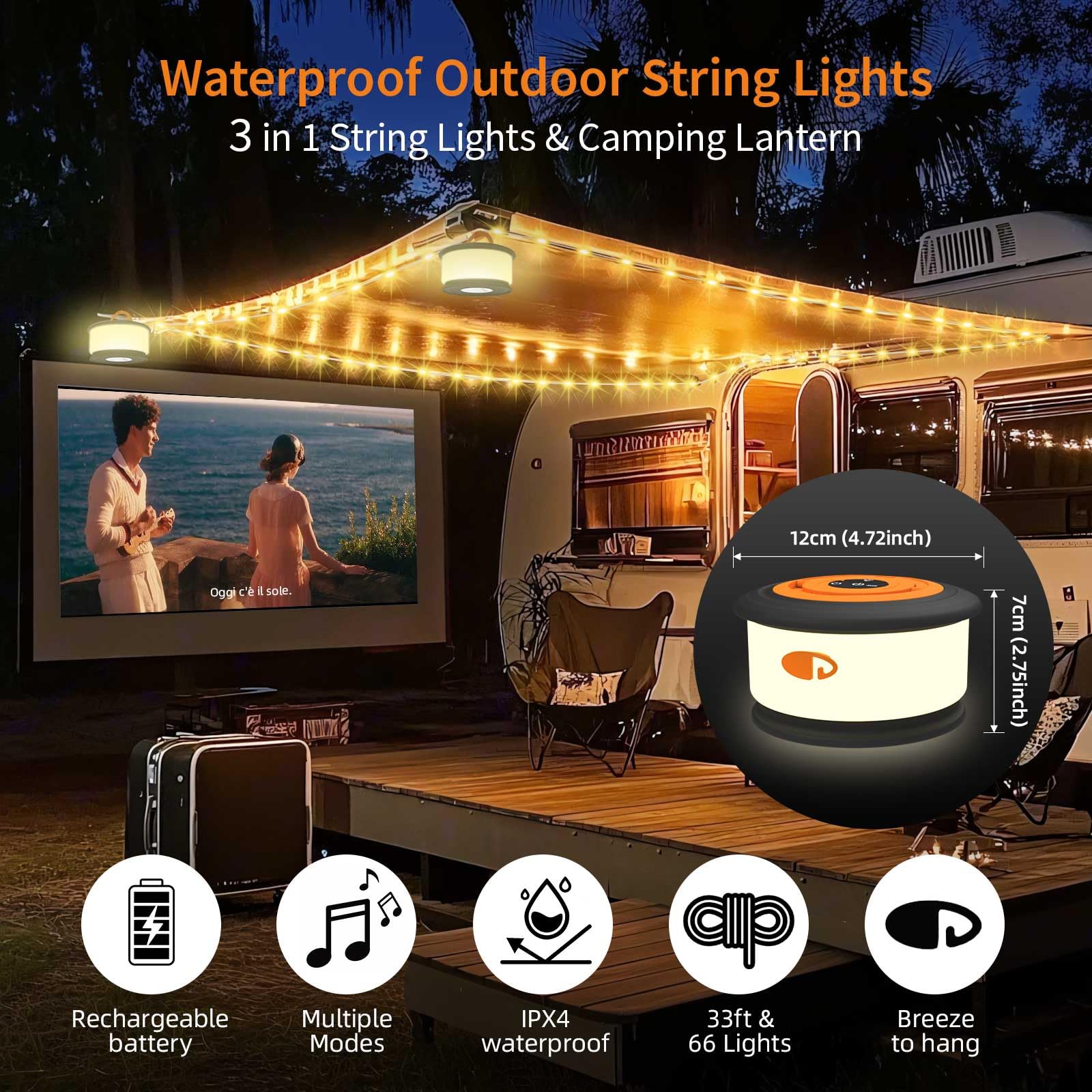 TOHETO Camping String Lights, 3 in 1 Upgraded Retractable RGB