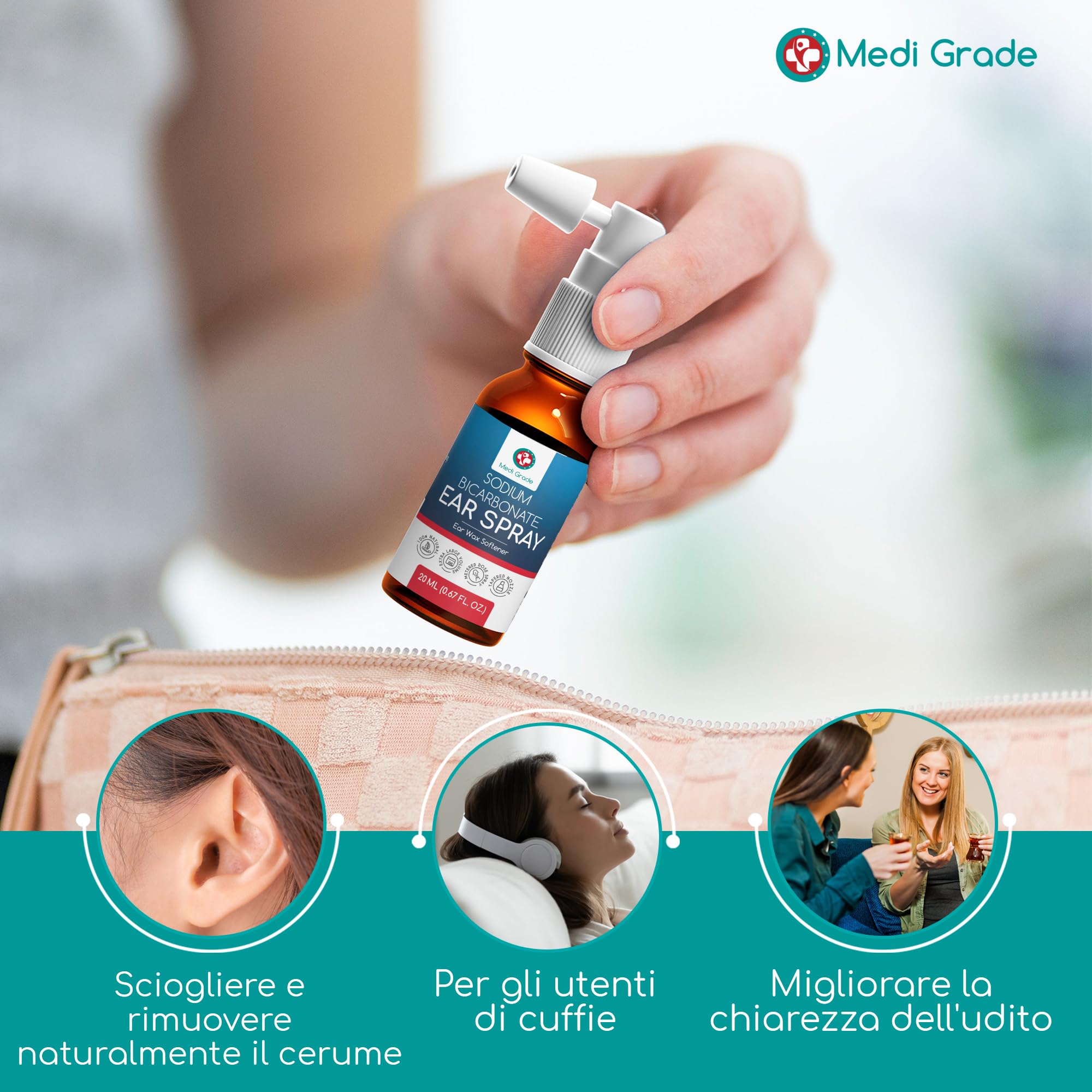 Medi Grade Spray Auricolare per Rimozione del Cerume – Pulizia Orecchie con Bicarbonato di Sodio Naturale per Orecchie Bloccate – 20ml con oltre 50 Spruzzi per Applicazione Facile e Cura Delicata