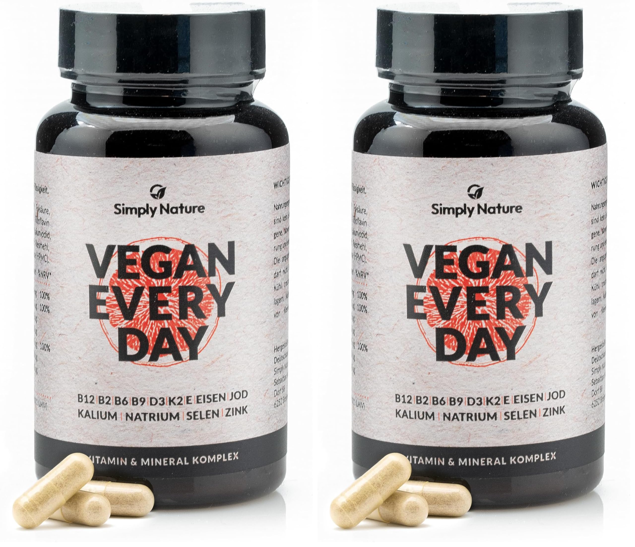 Vegan Every Day - Multivitamin Mineralstoff Komplex- Hochdosiert - 120 Kapseln - Deutsche Qualität - Laborgeprüft - B12+B2+B6+B9 Folsäure+D3+K2+E+EISEN+JOD+KALIUM+NATRIUM+SELEN+ZINK (Packung mit 2)