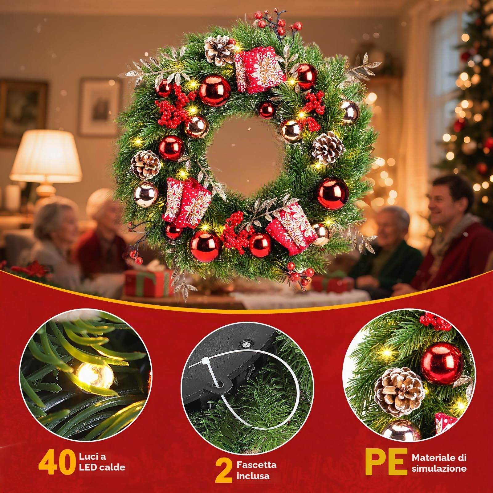 GlobaLink Ghirlanda natalizia da 40 cm, con 40 LED Adornos Navideños Regalos Corona de Navidad de 40cm, 40LED, Christmas Door Wreath Navidad Corona para Chimeneas, Ventanas, Puertas, Paredes-Piña