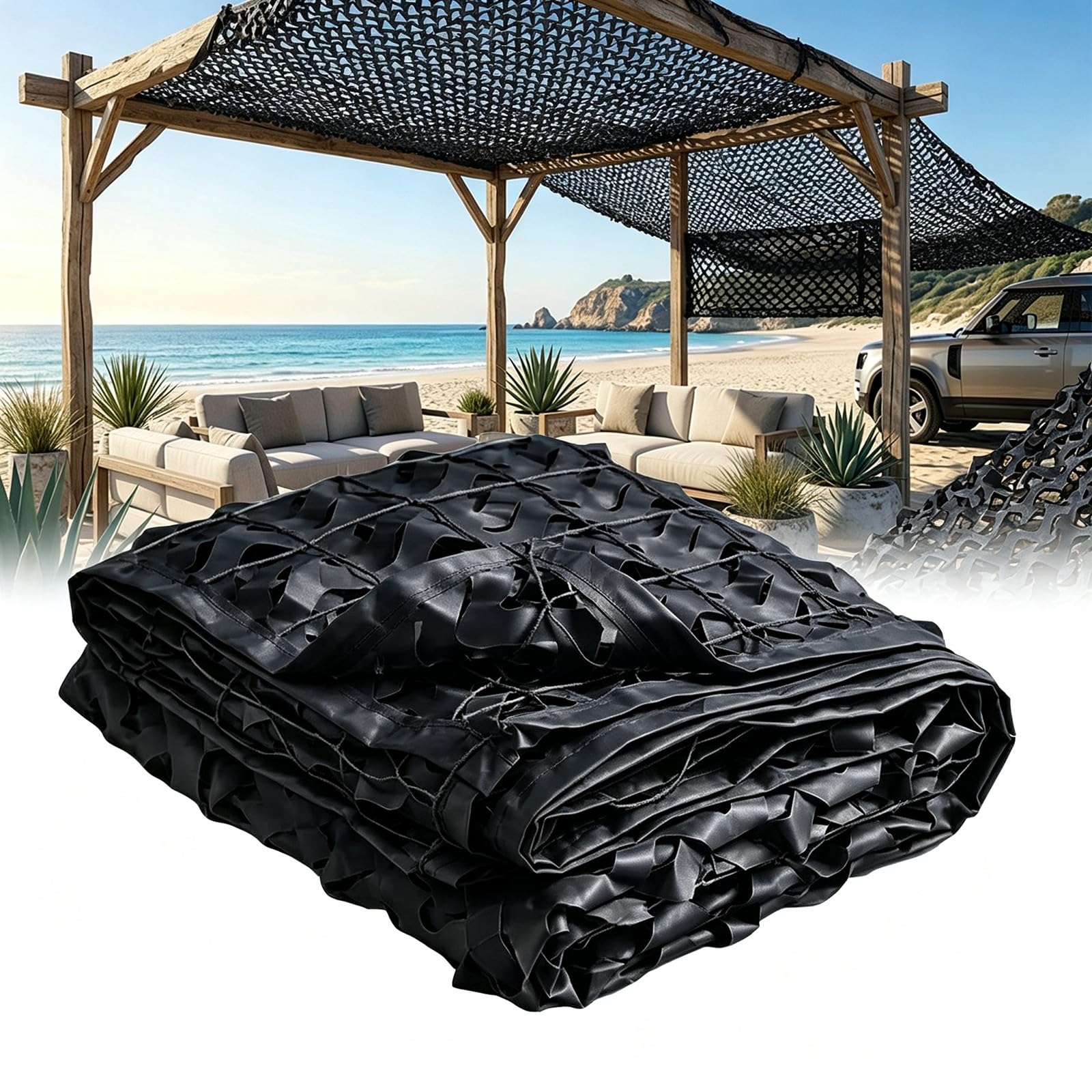 Red de camuflaje negra para pérgola exterior y terraza con protección antiUV duradera