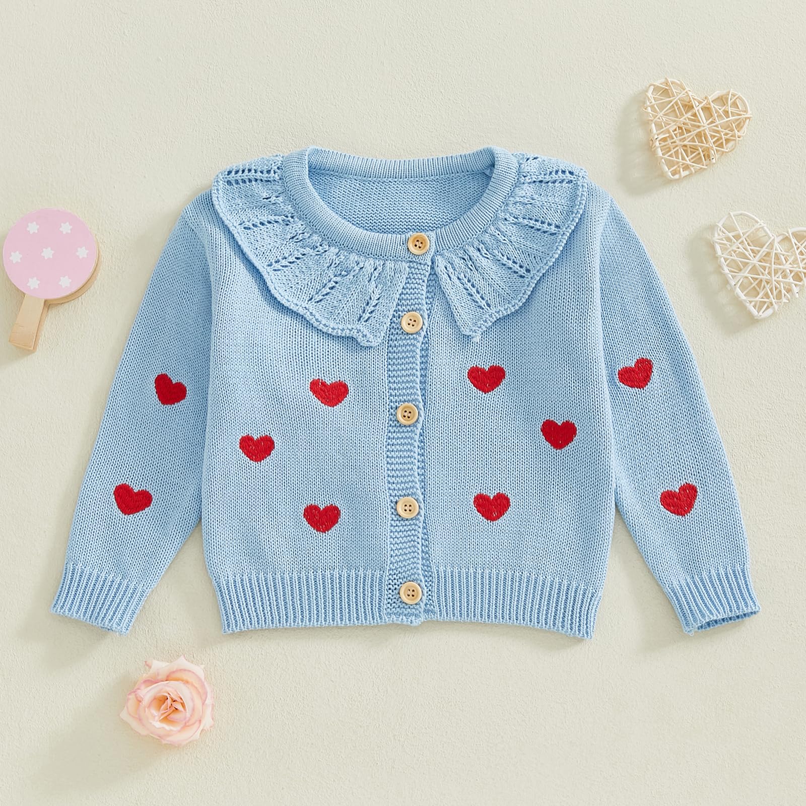 Newbgclo Toddler Baby Girls Sweater Casual Heart Embroidery Doll Collar Button Knitwear Infant Warm Clothes Winter (Blue, 18-24 Months)