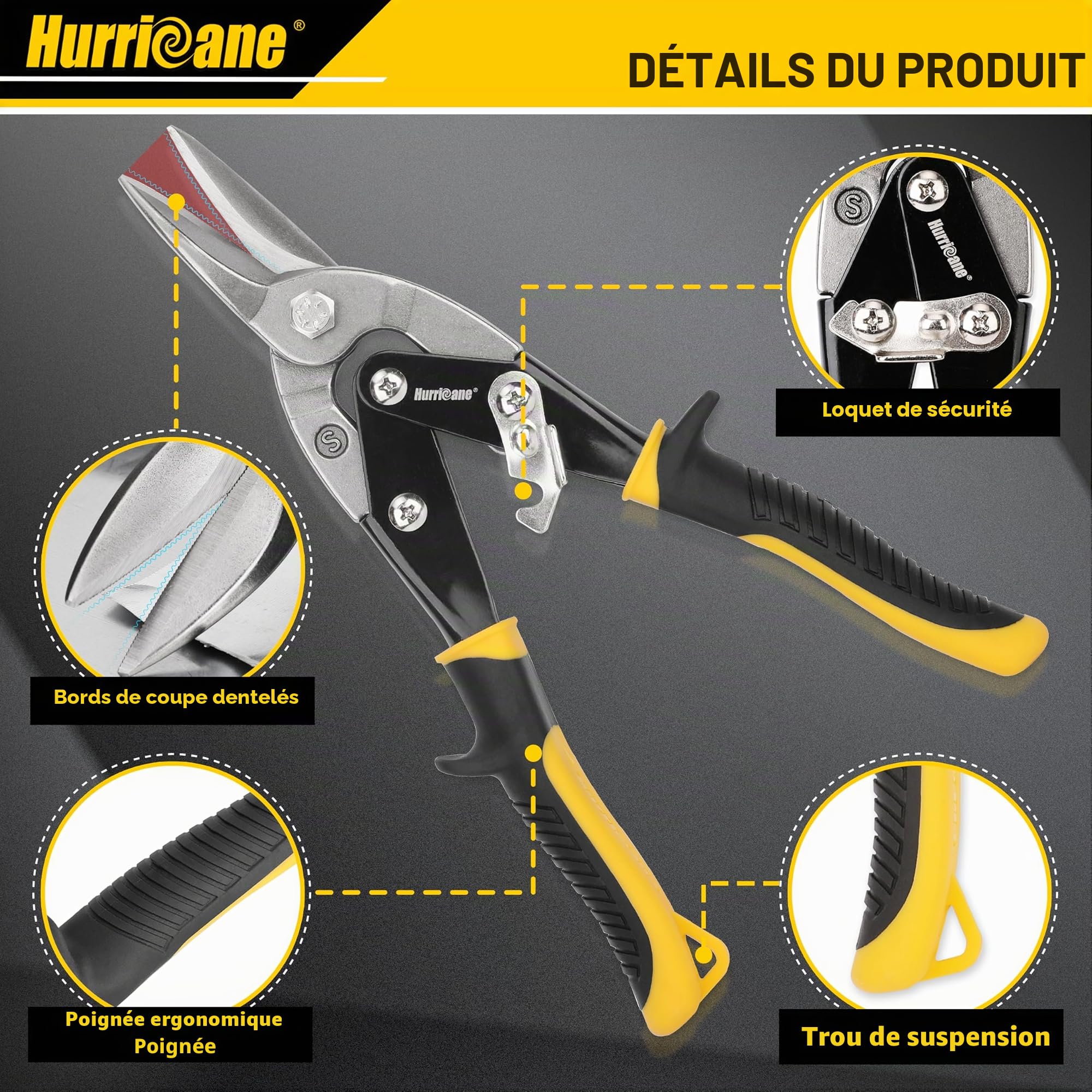 HURRICANE Lot de 3 Cisaille à métaux pour l'aviation, cisailles aviation Coupe, 254mm, acier au chrome vanadium, à droite, à gauche et droite